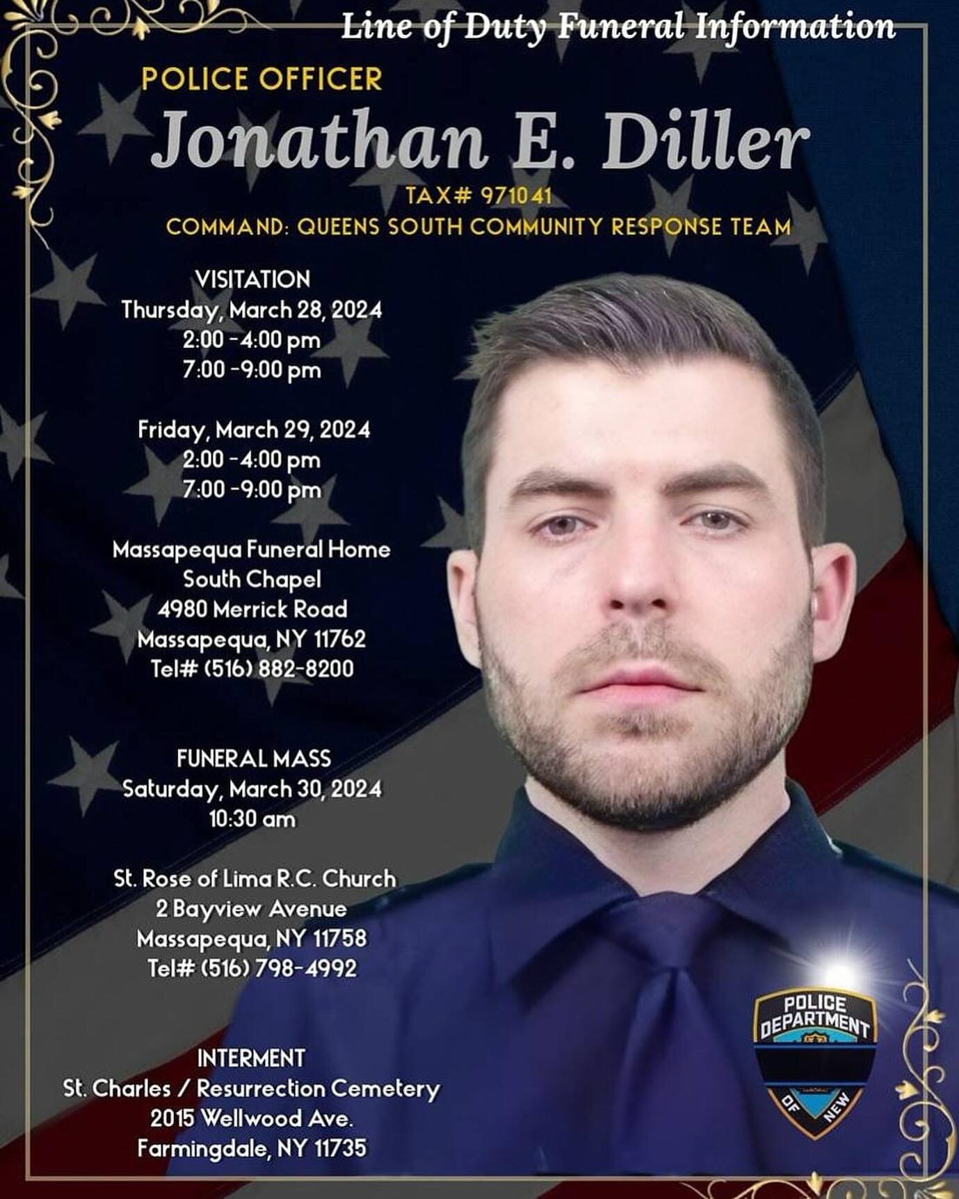 Funeral arrangements for our hero Police Officer Jonathan Diller who was killed in the line of duty on 3/25/2024. Please keep his family in your prayers!
