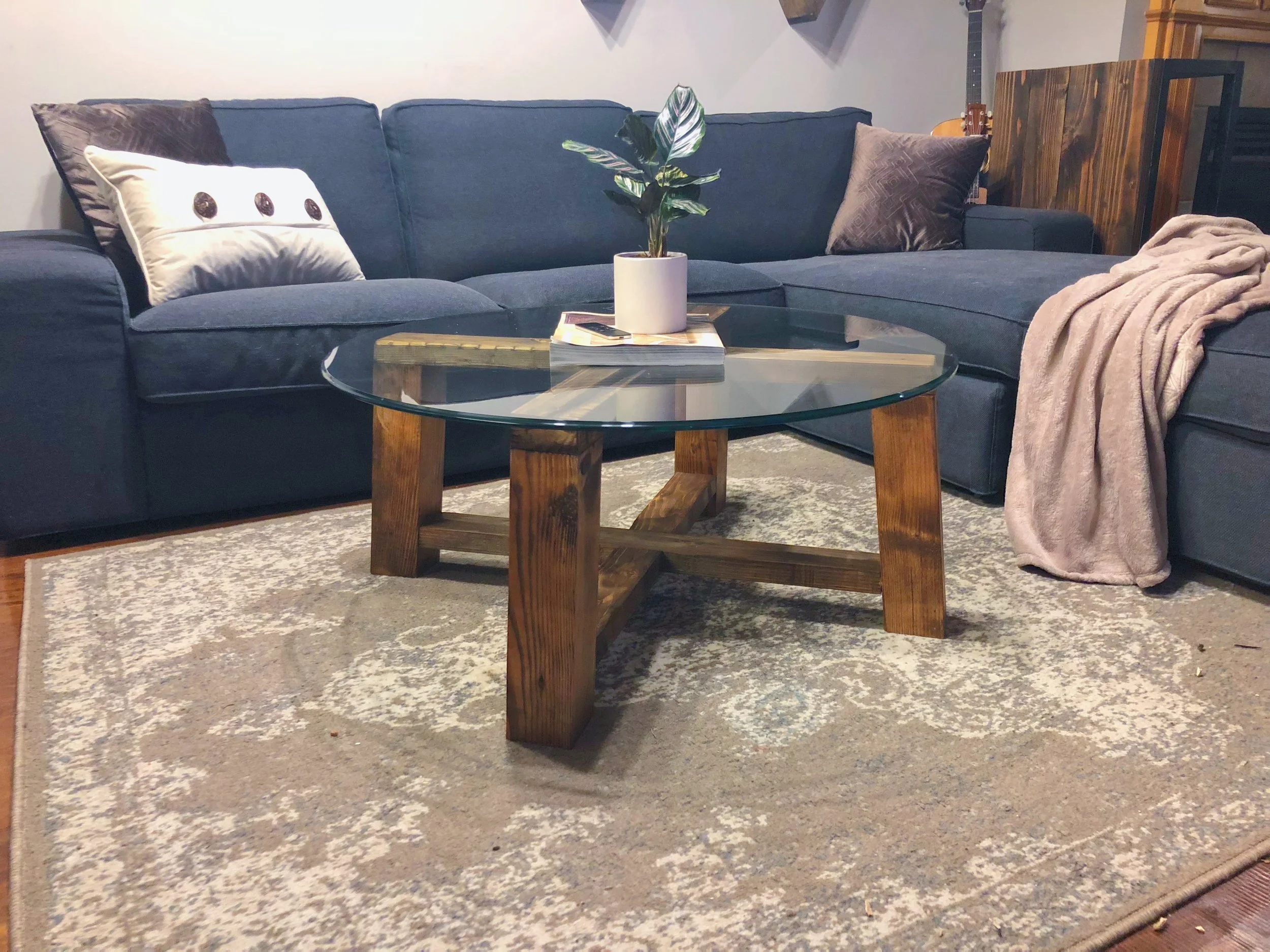 Glass / Wood Round Coffee Table