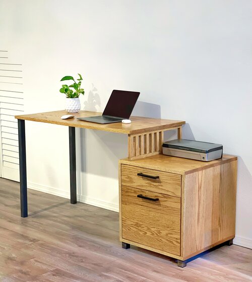 Industrial Modern Oak Desk with Filing Cabinet — Ians Furniture