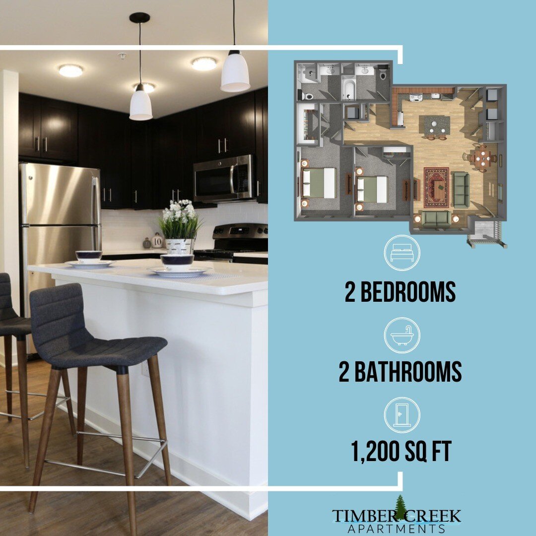 Our 2 bedroom, 2 bathroom apartment layout at Timber Creek Apartments.

Interested? Contact us at (856)669-7045, timbercreekapts@parkgrovellc.com or visit our website - link in bio!