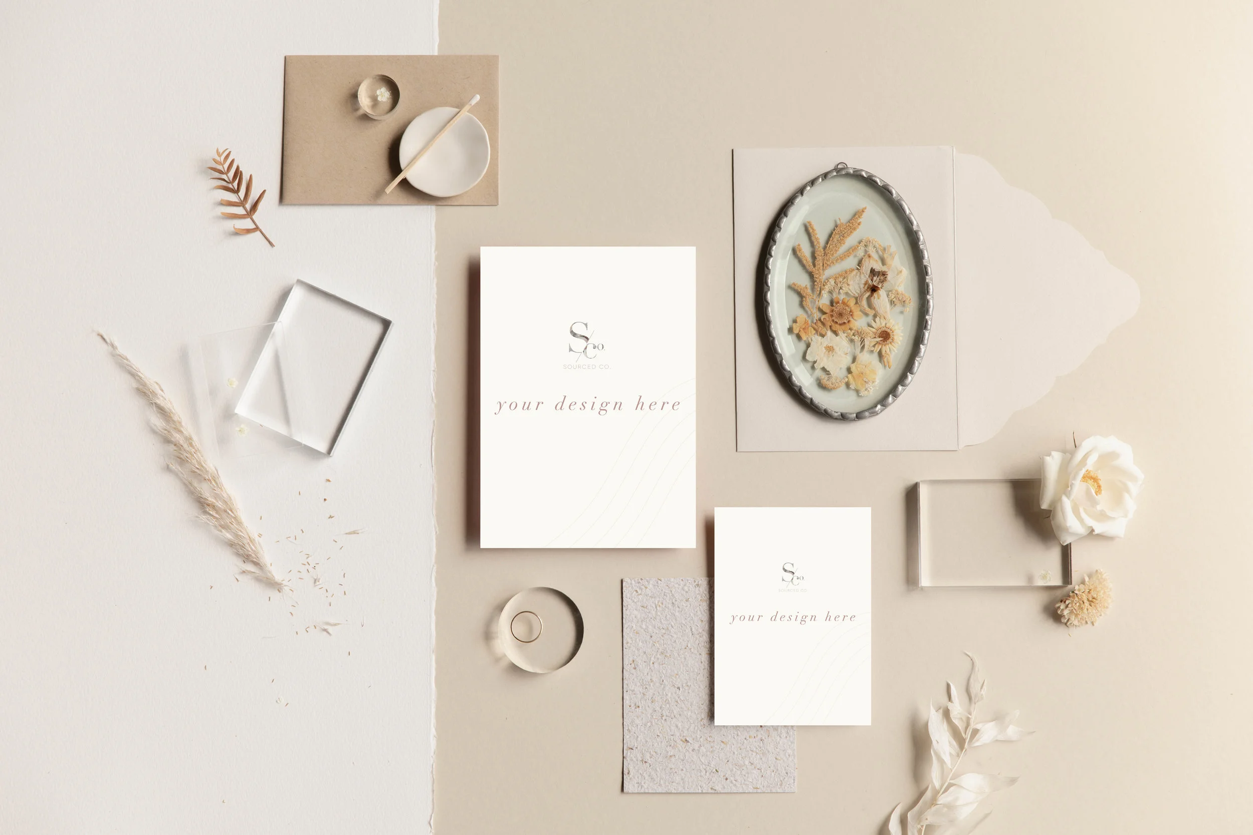 Cream Flat Lay Stationery Mockup &amp; Illustrator Live File (Landscape)