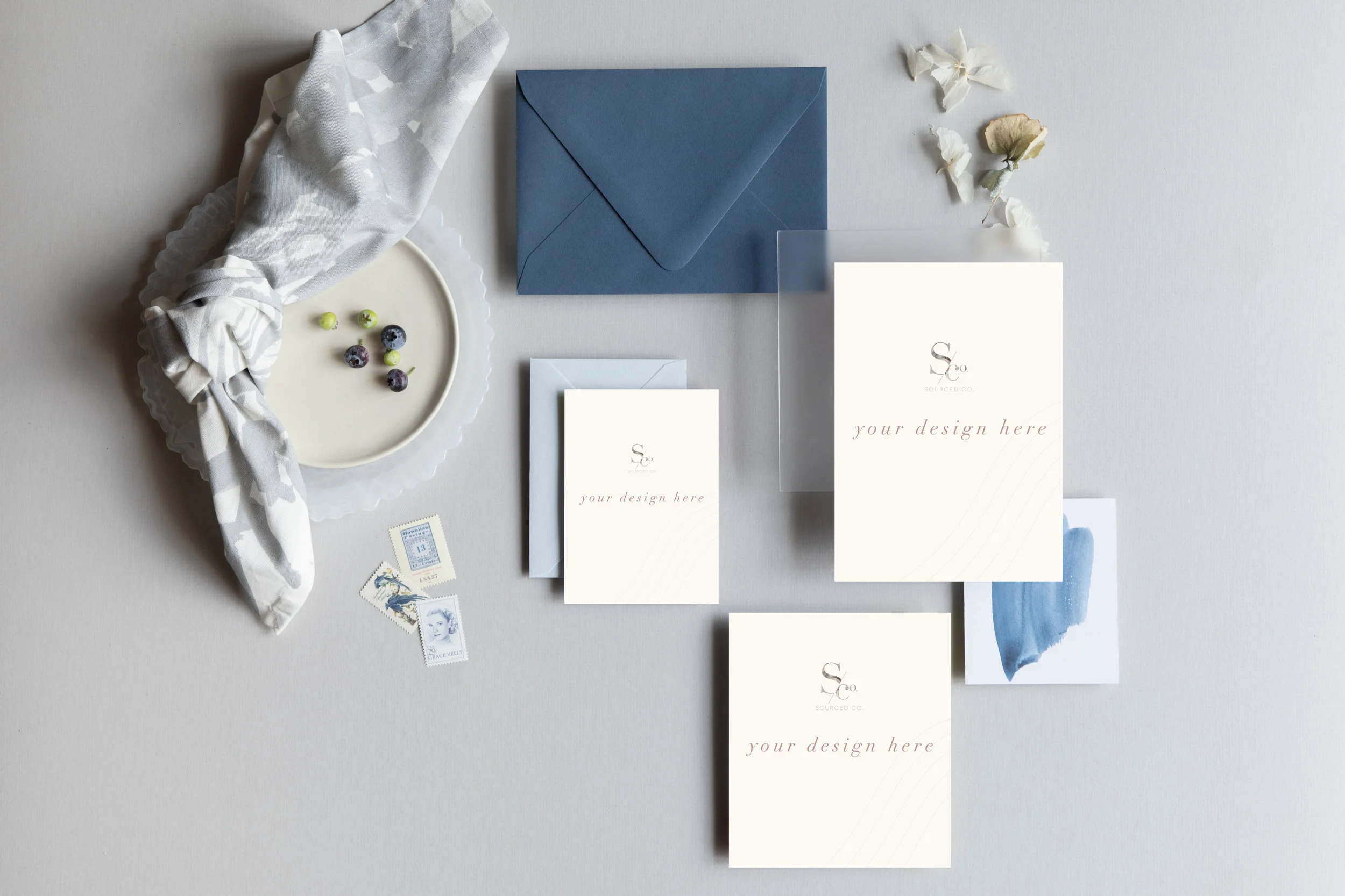 Dusty Blue Flat Lay Stationery Mockup &amp; Illustrator Live File (Landscape)
