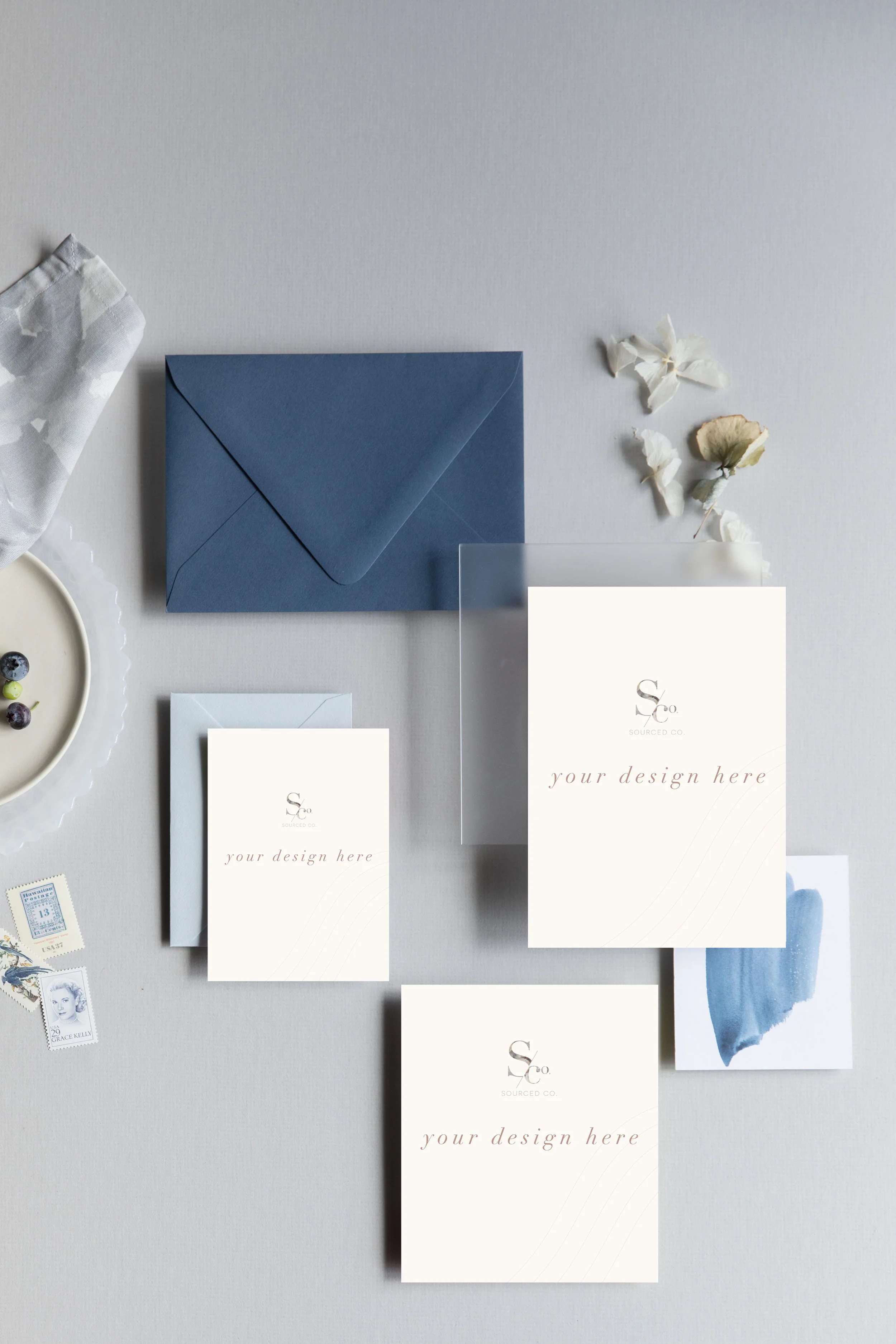 Dusty Blue Flat Lay Stationery Mockup &amp; Illustrator Live File (Portrait)
