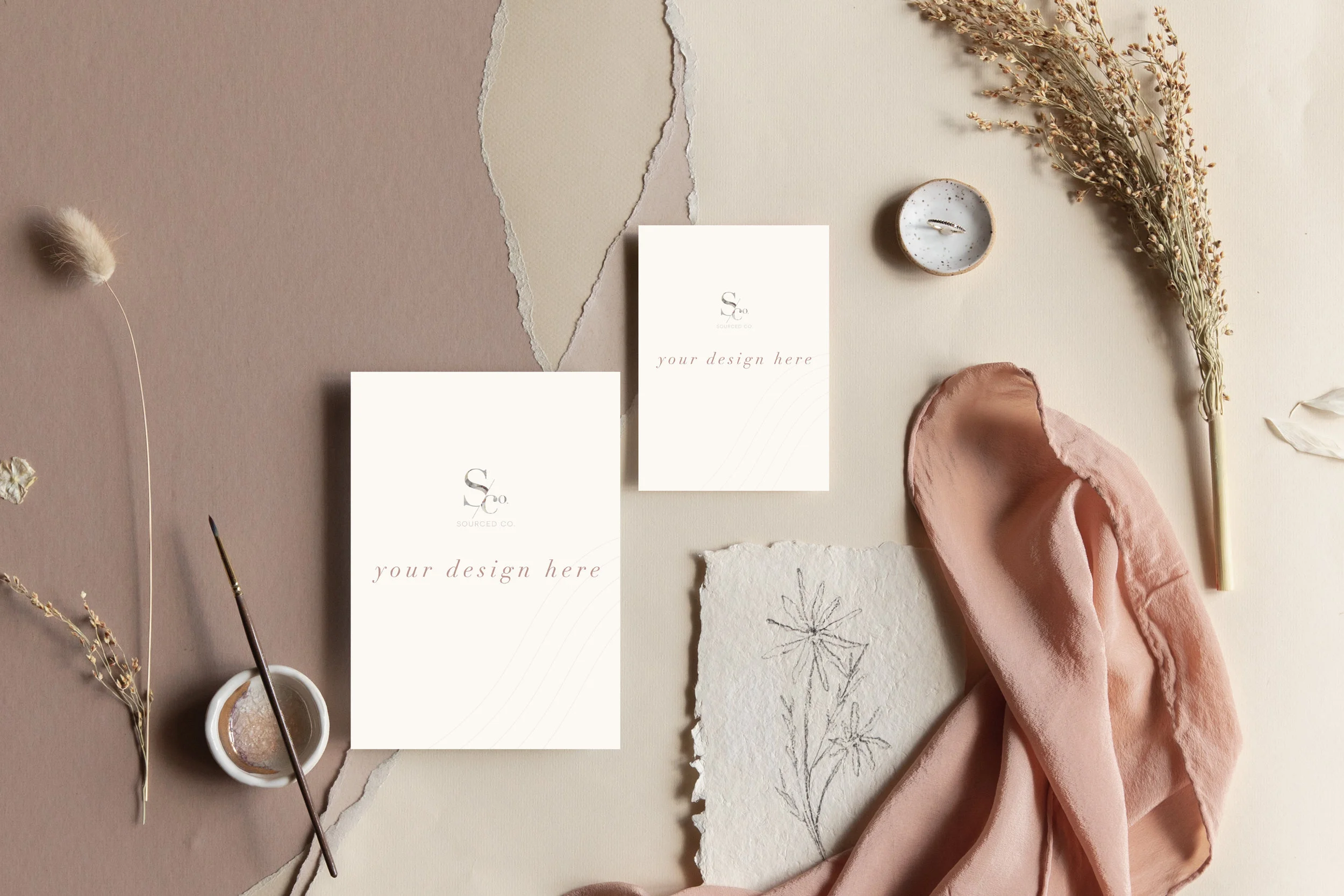 Blush Pink Flat Lay Stationery Mockup &amp; Illustrator Live File (Landscape)