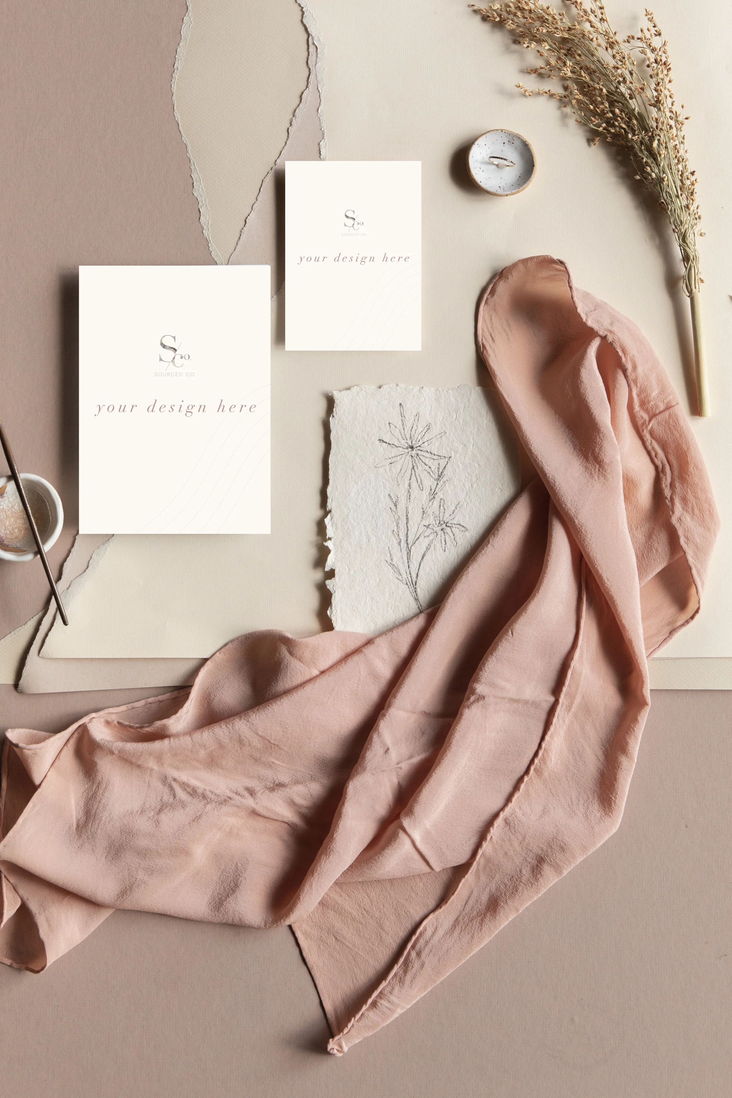 Blush Pink Flat Lay Stationery Mockup &amp; Illustrator Live File (Portrait)