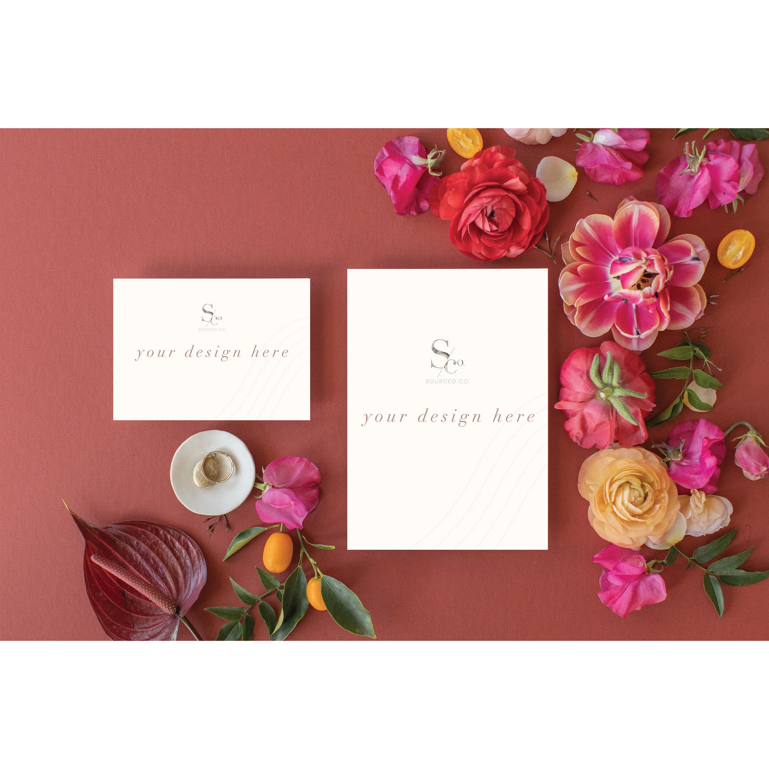 Red Flower Flat Lay Stationery Mockup