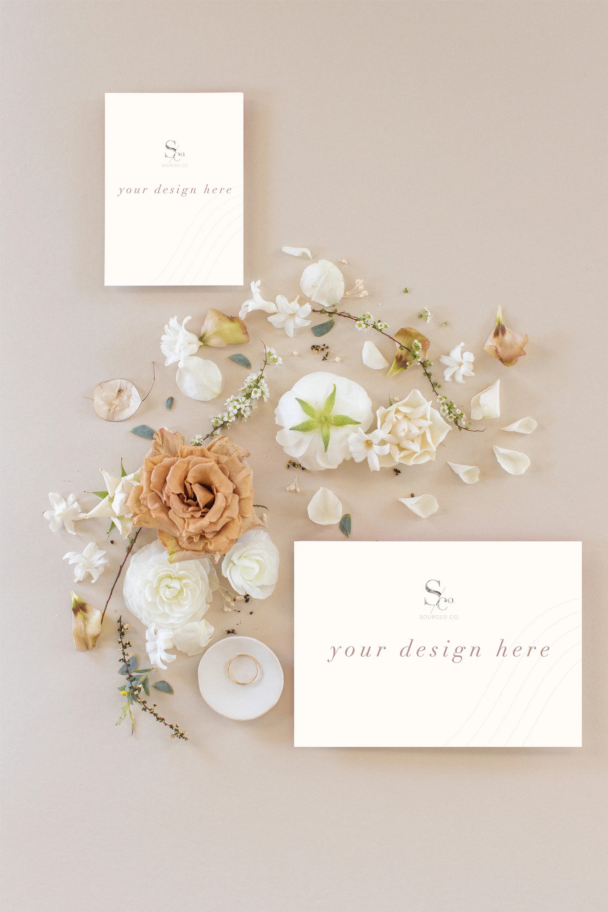 White Floral Flat Lay Stationery Mockup