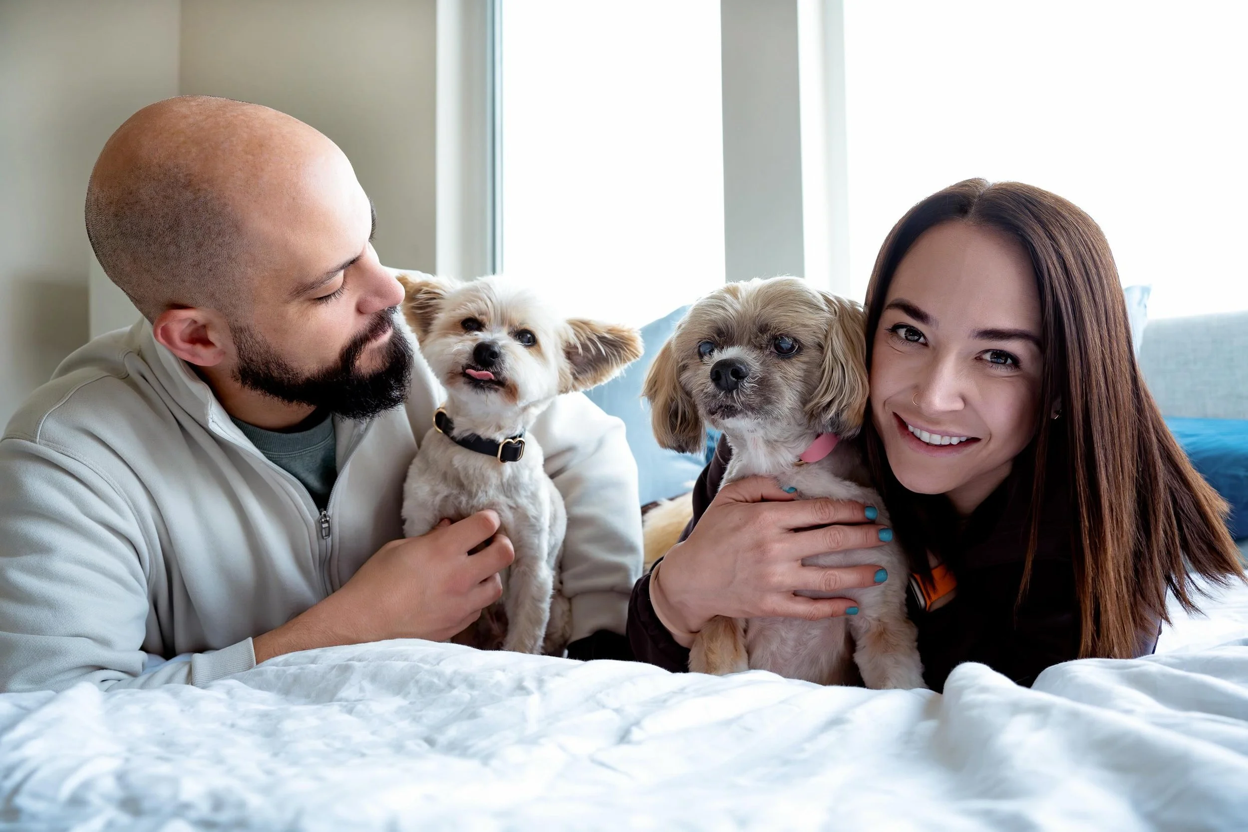 Grady here on the left&hellip;my quirky traits or tricks are skipping home on walks before meal time, catching tossed blueberries, snuggling in heated blankets, and impressing my mom and dad for treats.
Muffin here on the right&hellip;my quirky trait