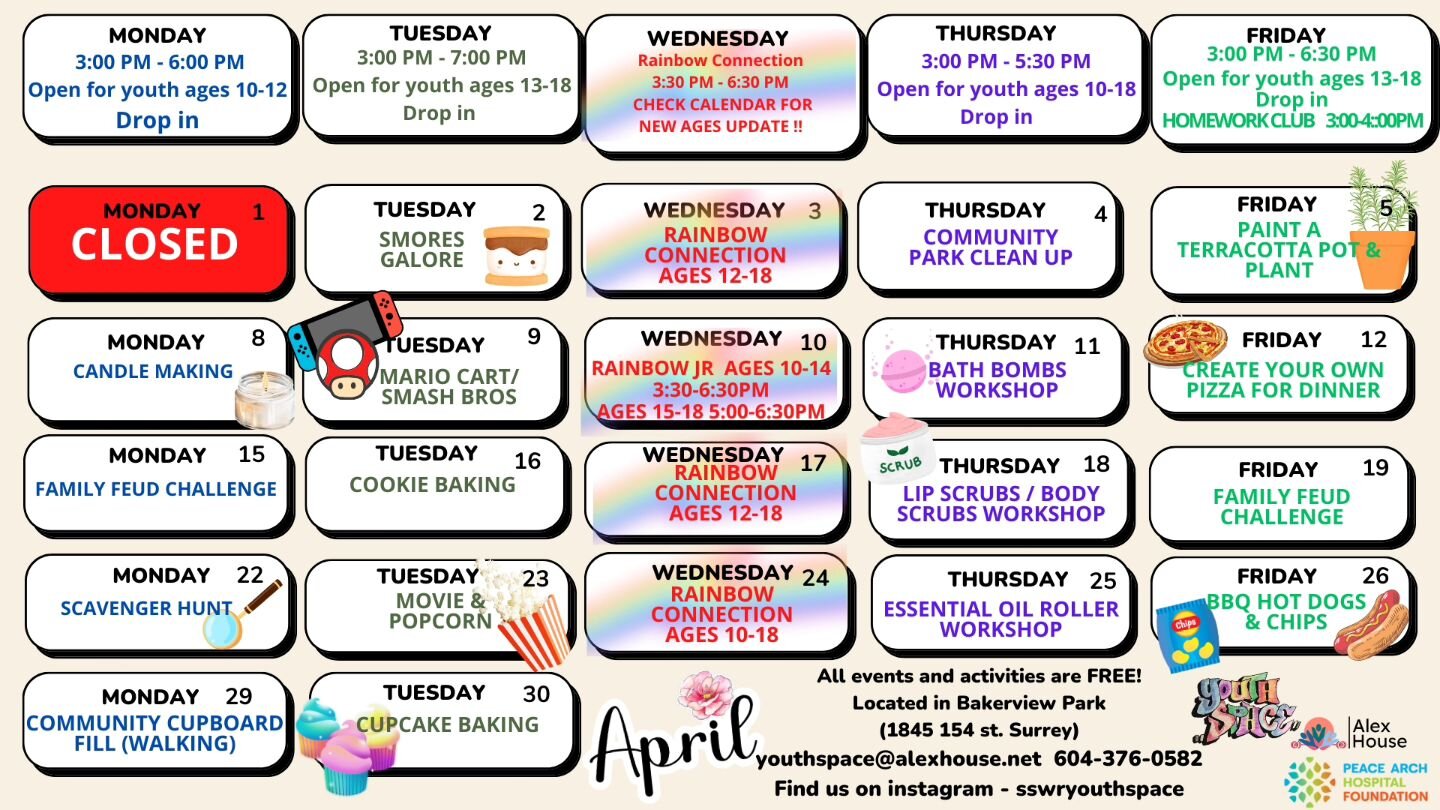 Come join us this month at the Youth Space. Lots of fun activities and opportunities to hang out with friends!!