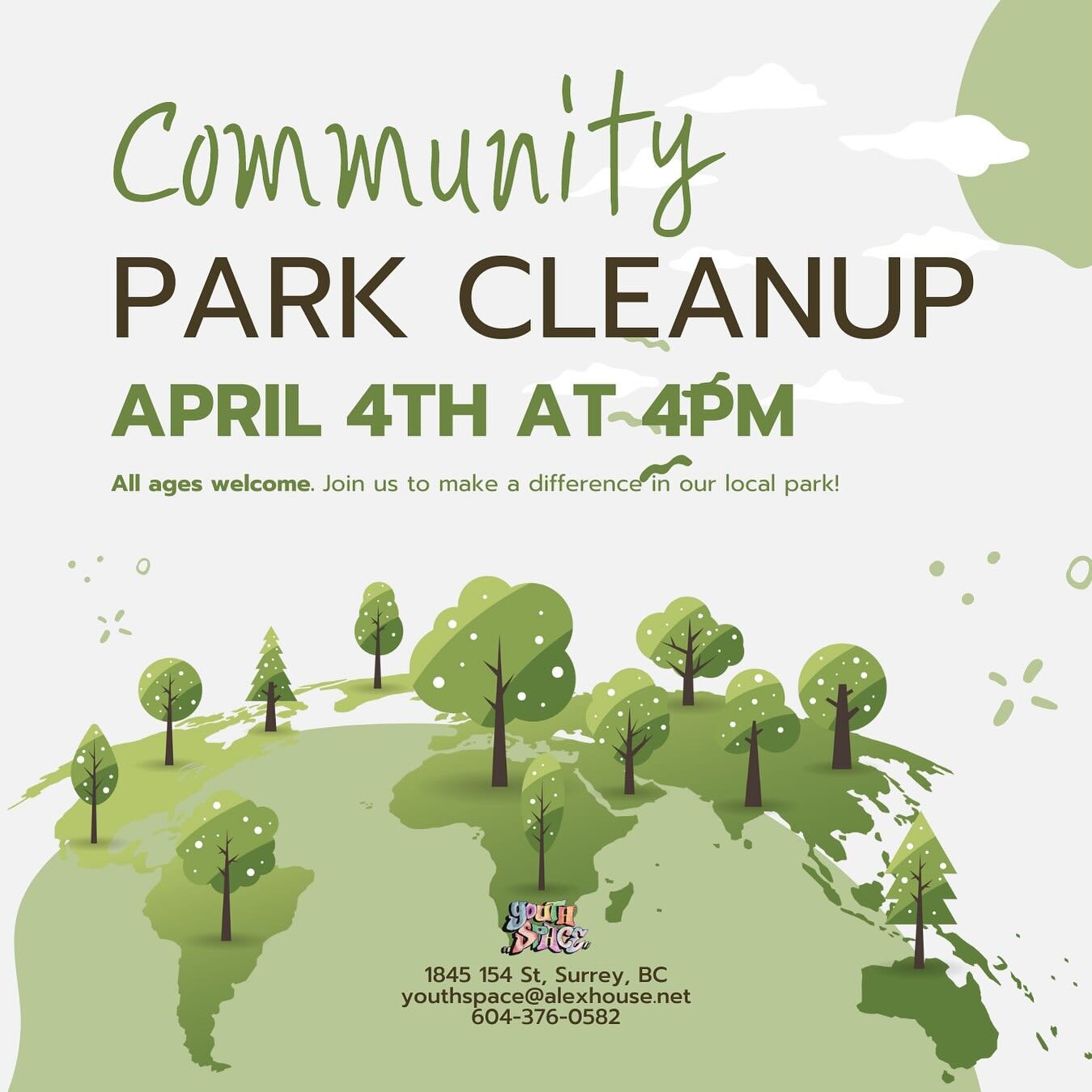 Come join us at the Youth Space for a Community Park Clean up on April 4th! Ages 10-18 welcome!!!