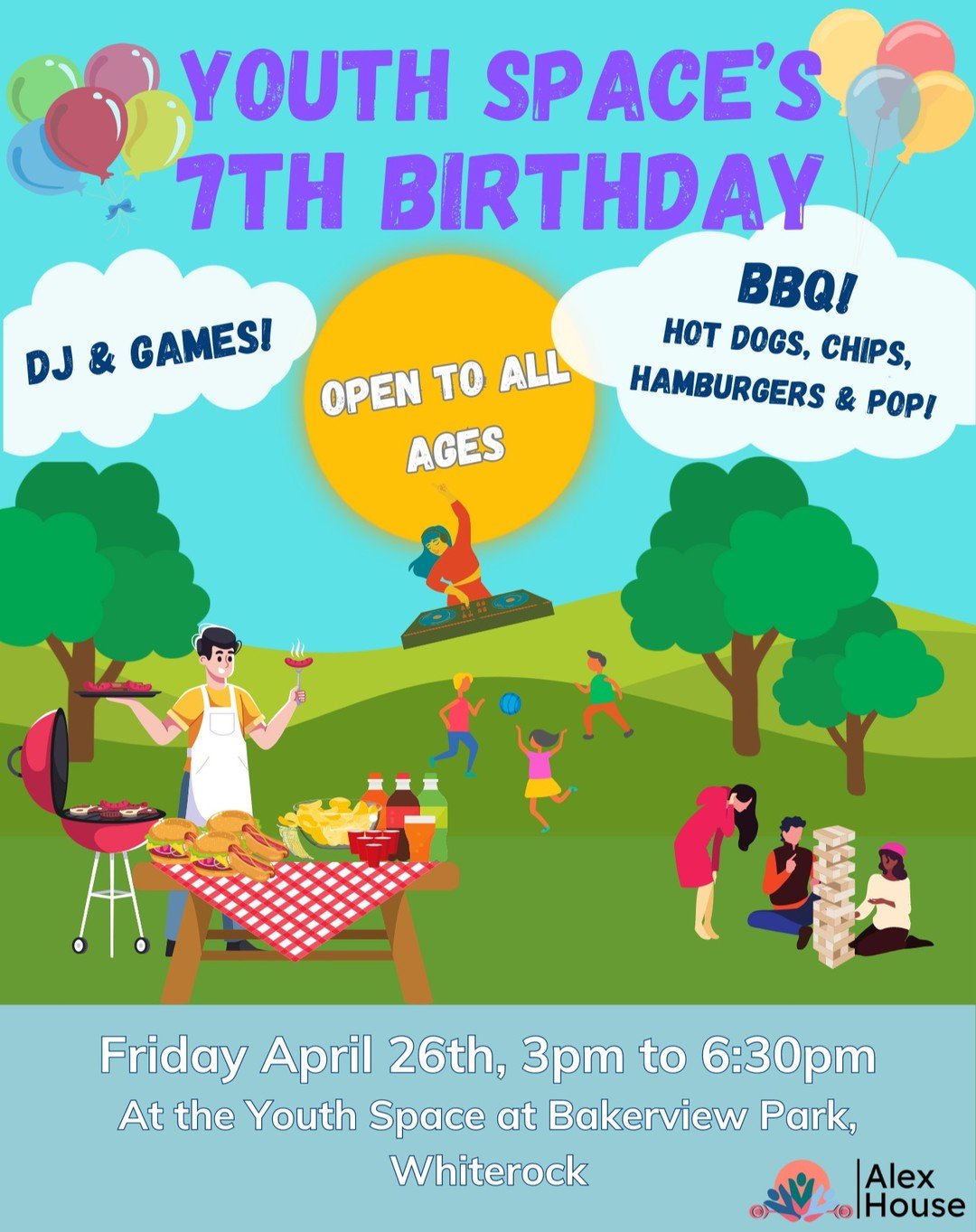 The Youth Space is turning 7 years old!! And to celebrate we will be opening up the session on Friday April 26th for youth 10-18 years old.

There will be a BBQ, games and DJ Chloe will be in attendance to entertain us all. 

COME DOWN AND CELEBRATE 