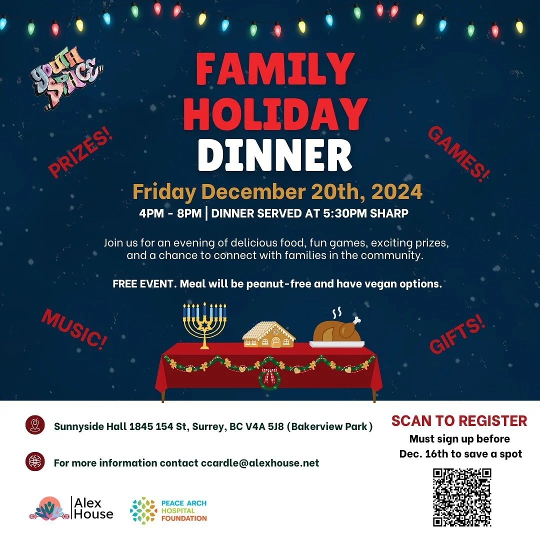 Mark your calendars! The Youth Space is inviting you to our annual Family Holiday Dinner!❄️☃️🎉🎁
Scan the QR code to register OR email youthspace@alexhouse.net. Register by Monday Dec. 16th to save your spot. Spots will be assigned on a first-come,