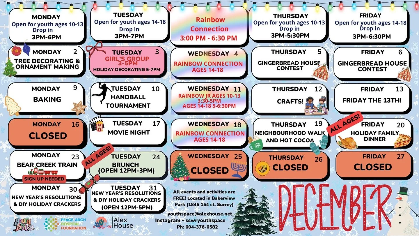 Come to the Youth Space this month for drop-in for youth ages 10-18! We hope to see you there😁☃️