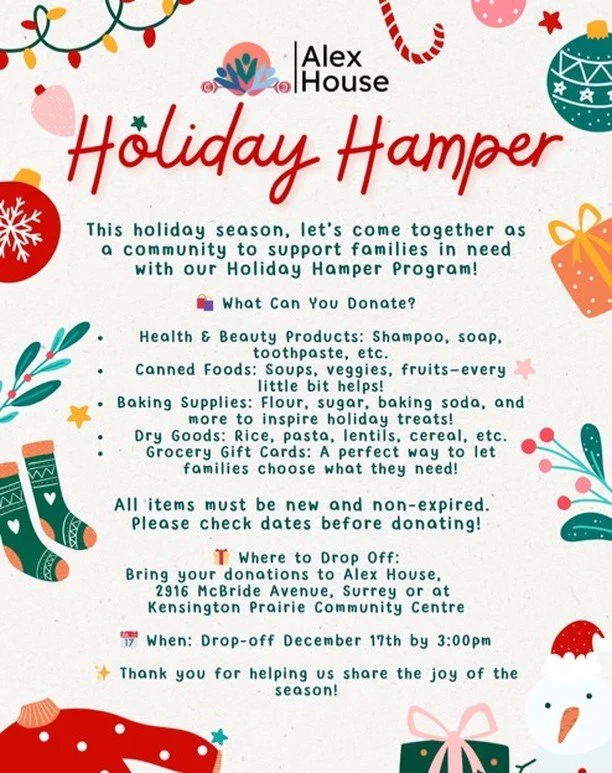 Help make this holiday season a memorable one with Alex House! ✨ Please Note: All items must be new and non-expired! Our aim is to fill these hampers with essentials to brighten a families holidays. Together, we can make a difference! ❤️ #HolidayHamp