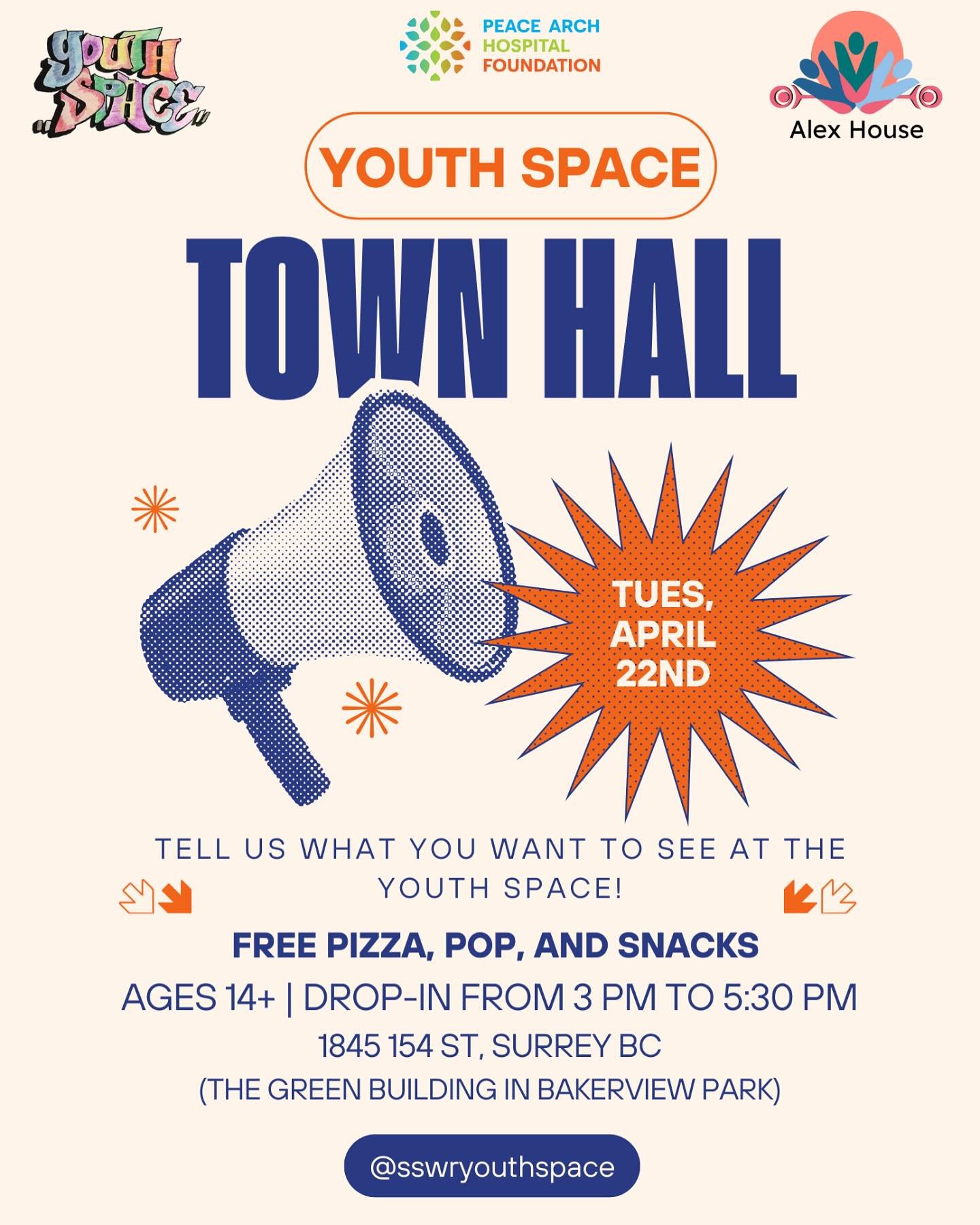 This Tuesday April 22nd the Youth Space is hosting a &ldquo;Town Hall Meeting&rdquo; open to youth ages 14+ from 3pm-5:30pm!🗣️📣🎉 Come express your ideas, opinions, and wishes for the future of the Youth Space! There will be be free pizza, pop, and