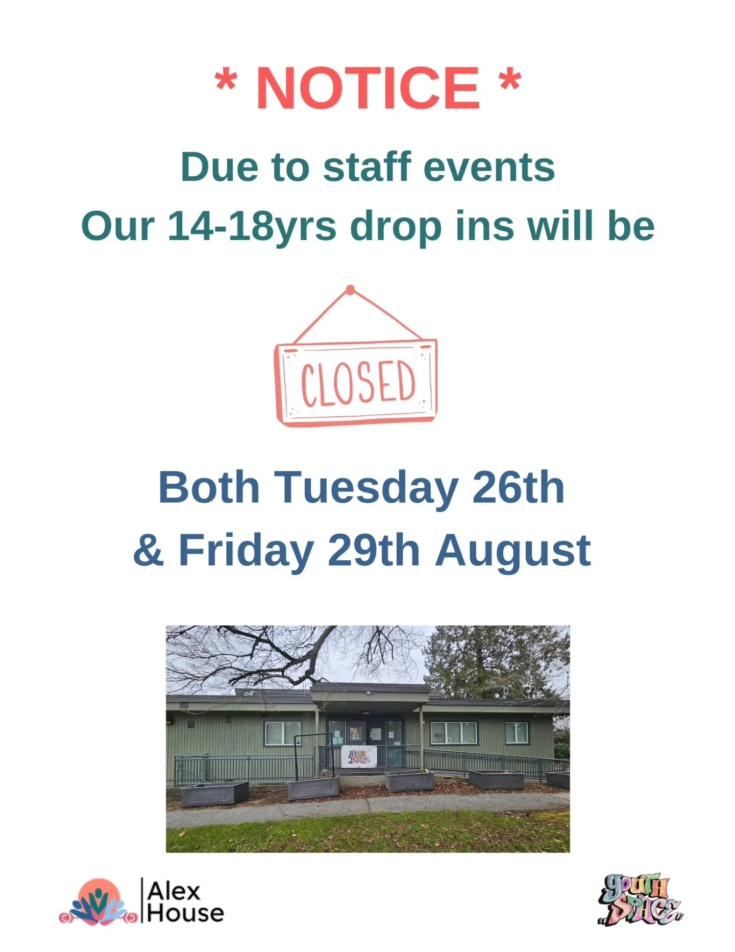 ** UPCOMING DROP IN CLOSURE DATES **

Due to staff events this week and end of summer break planning &amp; cleaning, the Youth Space will be closed the following dates;

- Tuesday 26th August
- Friday 29th August
- Monday 1st to Friday 5th September 
