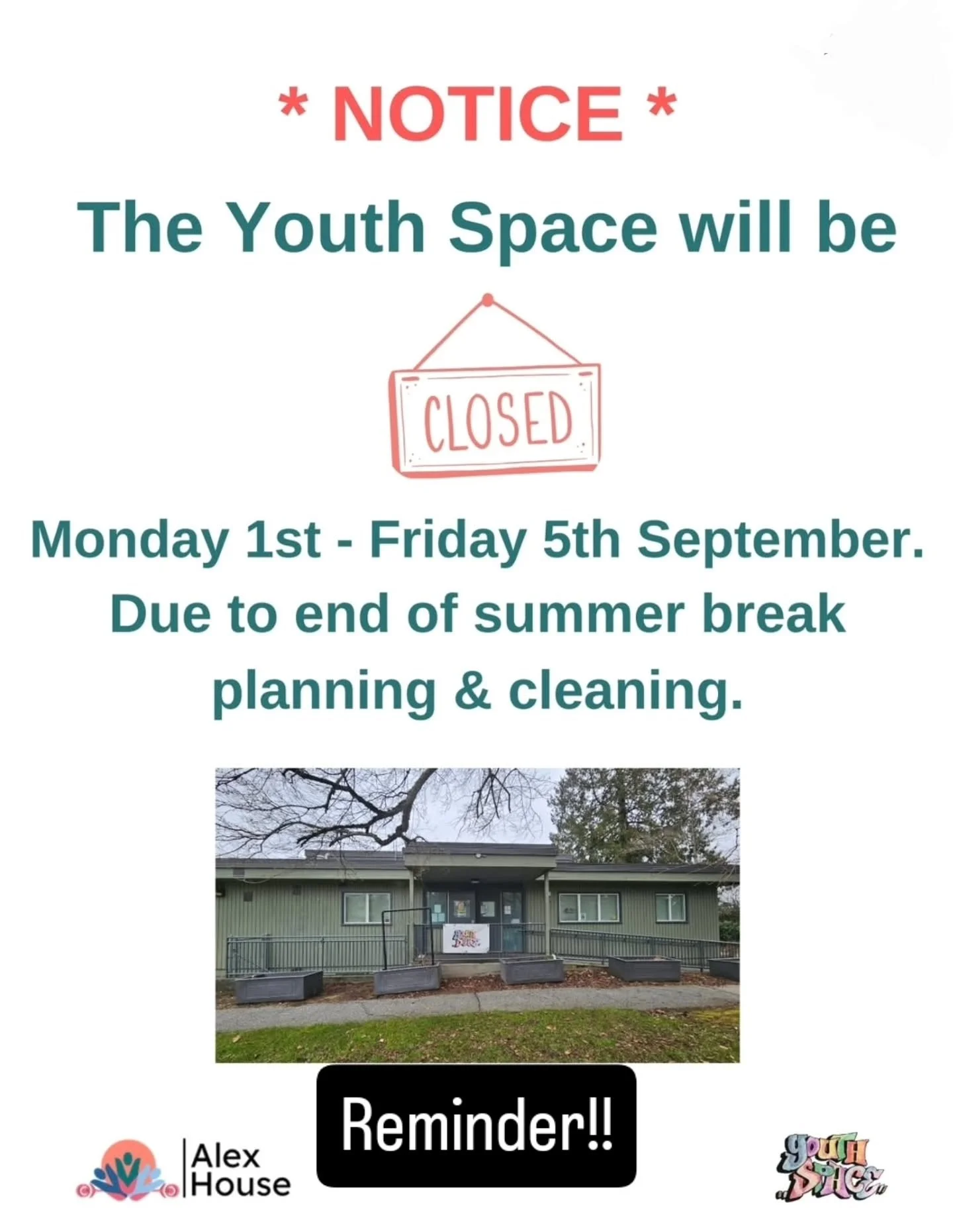 ** Reminder ** The Youth Space will be closed this week following the Labor Day long weekend.

We look forward to seeing everyone from Monday 8th September