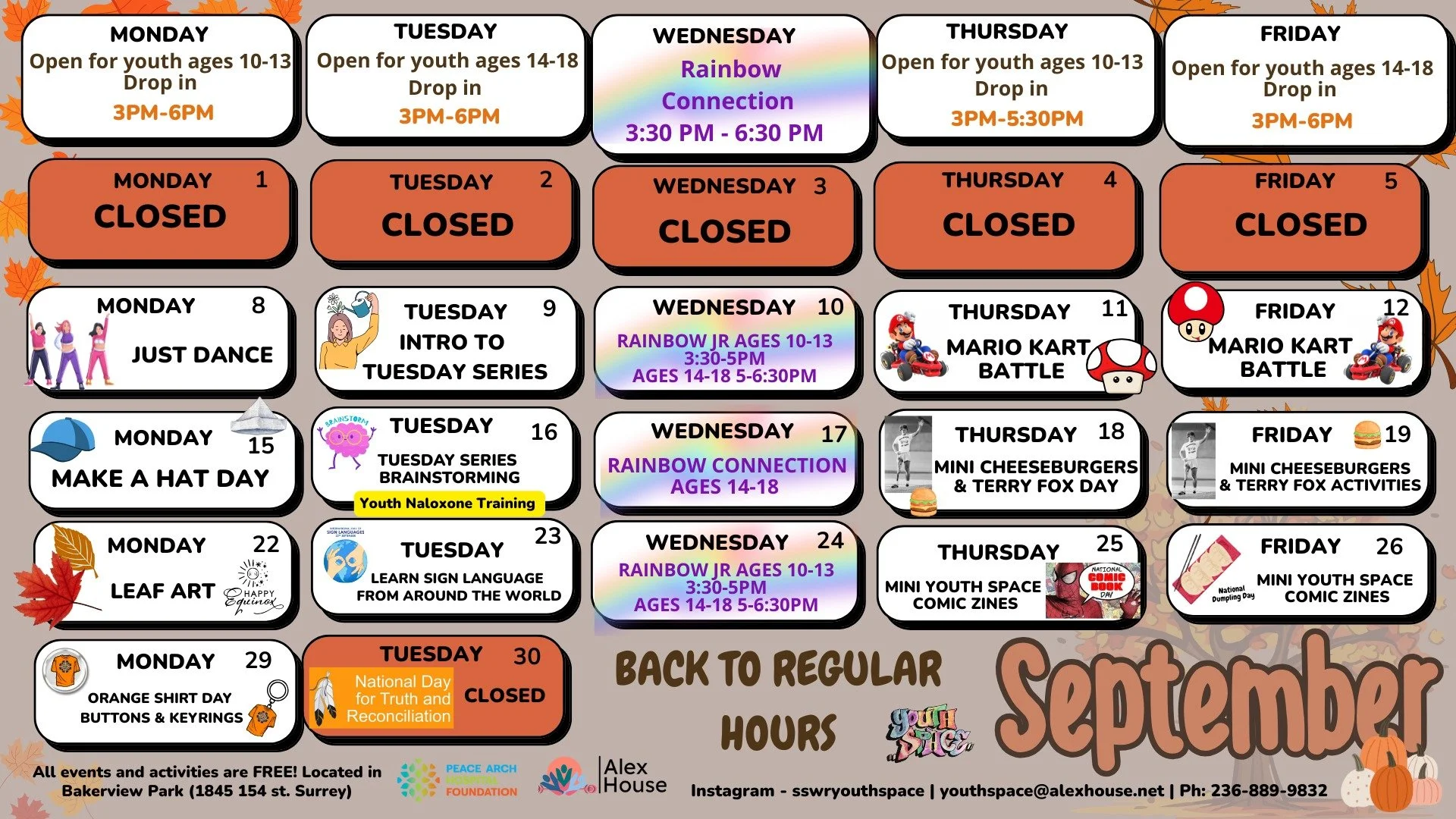 Check out the September Youth Space calendar! Drop-in this month for fun activities, good food, and connecting with other youth.