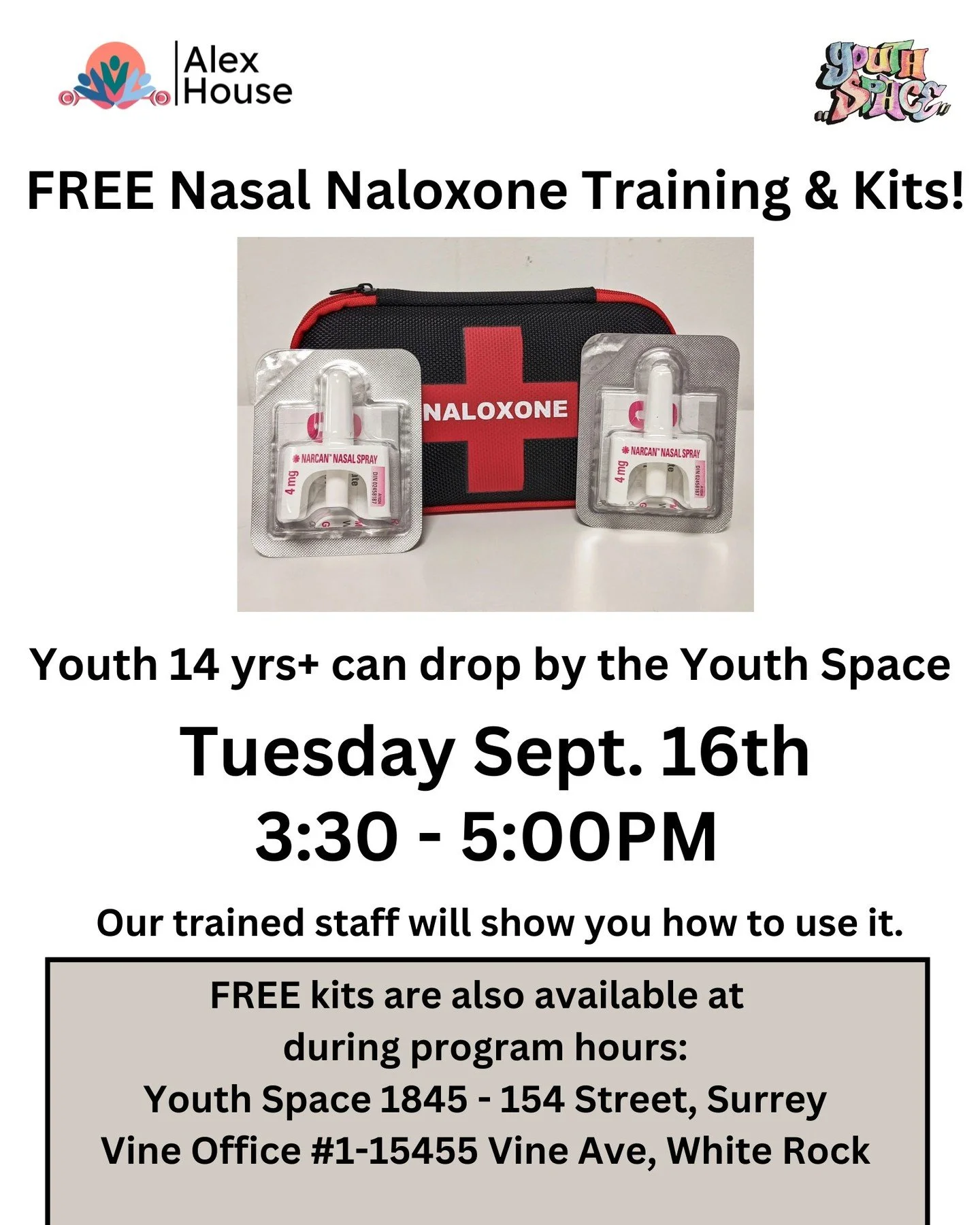 Youth 14yrs + are invited to drop-in to the Youth Space next Tuesday September 16th from 3:30-5pm to learn how to use Nasal Naloxone and get a free kit if you would like. 

We are continuing as part of the pilot project to help distribute kits in the