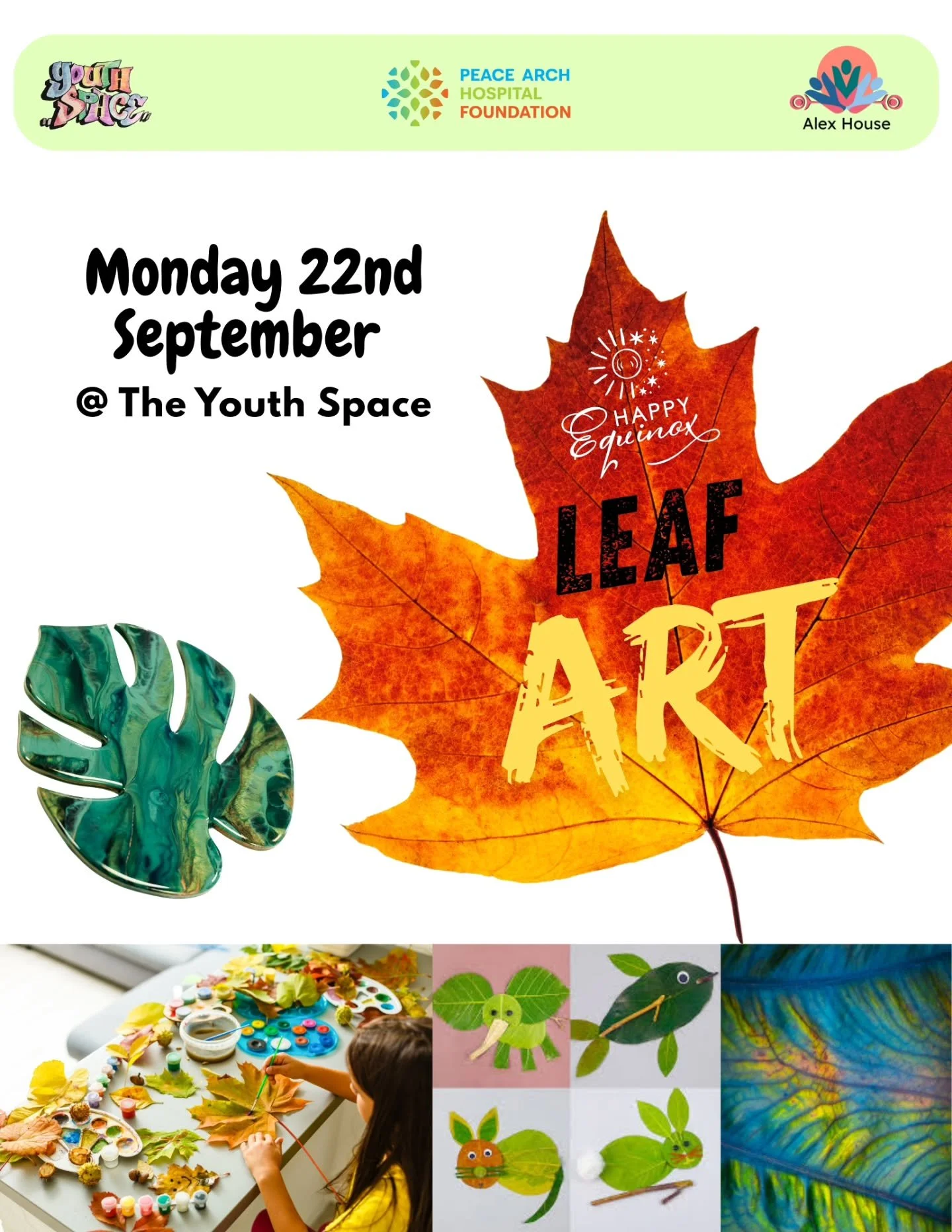 This week at the Youth Space...

For our 10yrs - 13yrs (Grade 7)

Come join us on Monday 22nd September for Leaf Art day at The Youth Space to celebrate this years Autumnal Equinox. We will be walking around the park collecting leaves to bring back a
