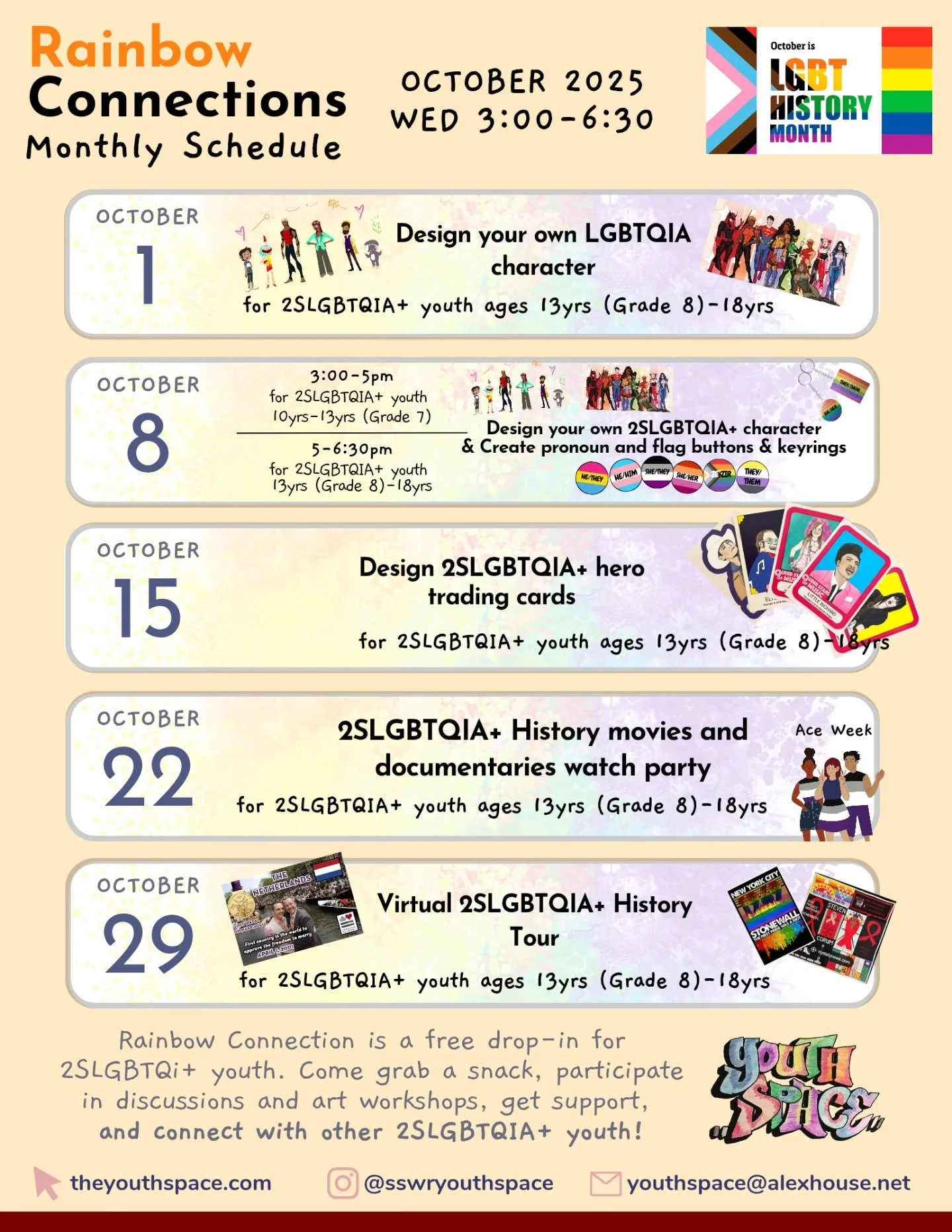 Join us at Rainbow Connections throughout October as we celebrate LGBT History Month!! We will explore and learn about the many trailblazers that paved the way for us to live and express ourselves authentically proudly!

For the foreseeable future, e