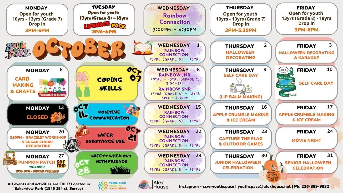 Check out our new October Youth Space calendar! Including our new Tuesday &ldquo;Lifehack Pack&rdquo; Series, exciting activities in Rainbow Connections &amp; Drop-in.

Join us for fun activities, good food, and connecting with other youth.