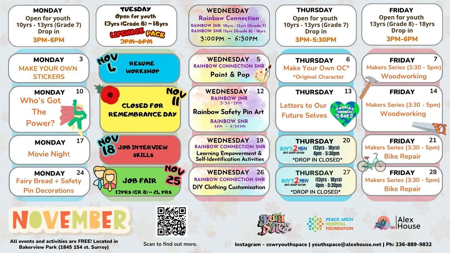 Check out our new November Youth Space calendar.

This months programming includes our Tuesday &ldquo;Lifehack Pack&rdquo; Series, focusing on employment skills and our very own Youth Space employment fair on November 25th, our 3 week &ldquo;Boys 2 M
