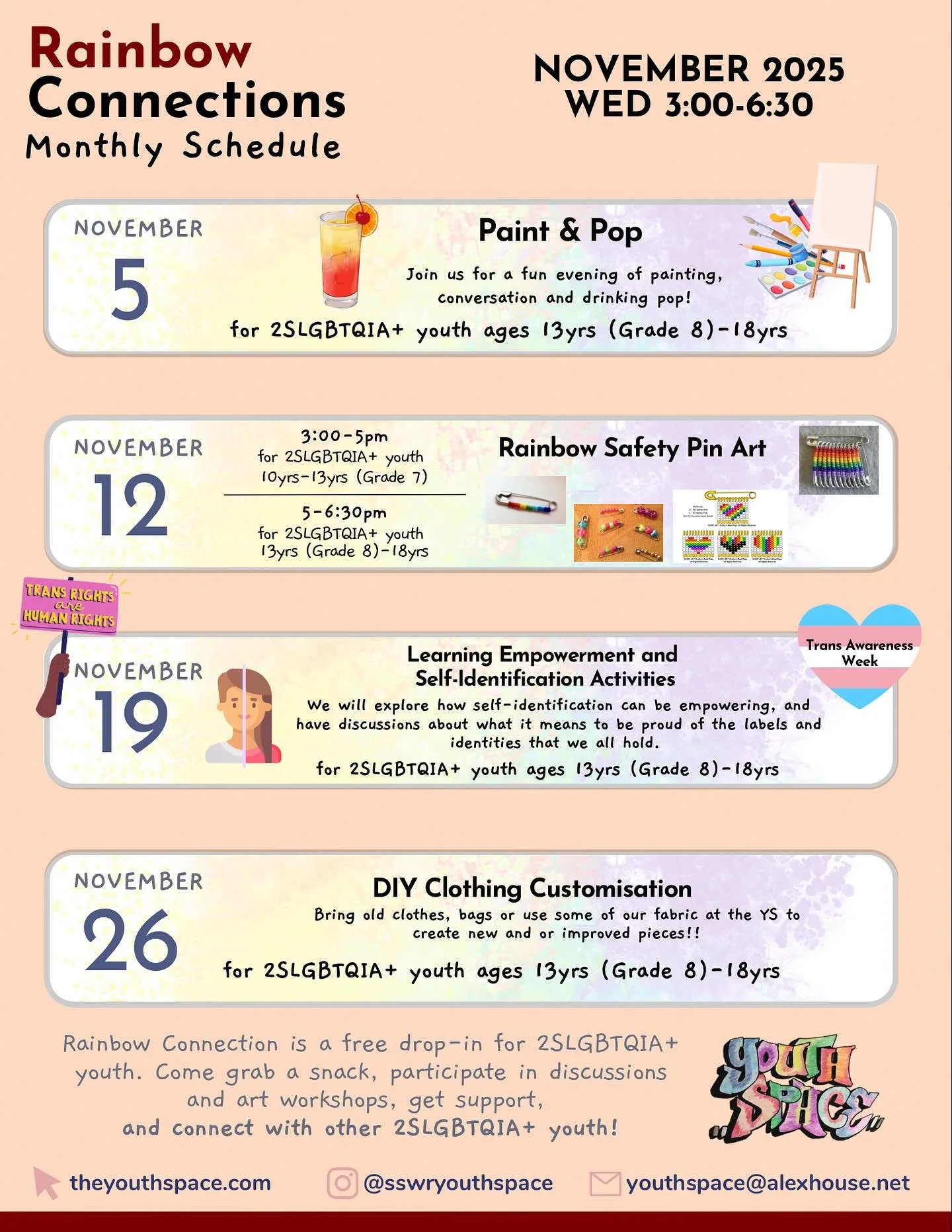 Join us at Rainbow Connections throughout November!! This month we will be combining crafts with conversations around celebrating our uniqueness, as we continue expressing ourselves authentically and proudly!

The final week of the month bring your o