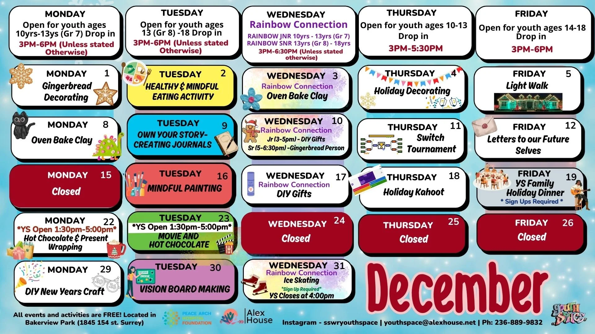 Check out our new December Youth Space calendar!

This months programming includes our Tuesday &ldquo;Lifehack Pack&rdquo; Series, focusing on self-care around the Holidays, as well as exciting activities in Rainbow Connections &amp; regular Drop-in.