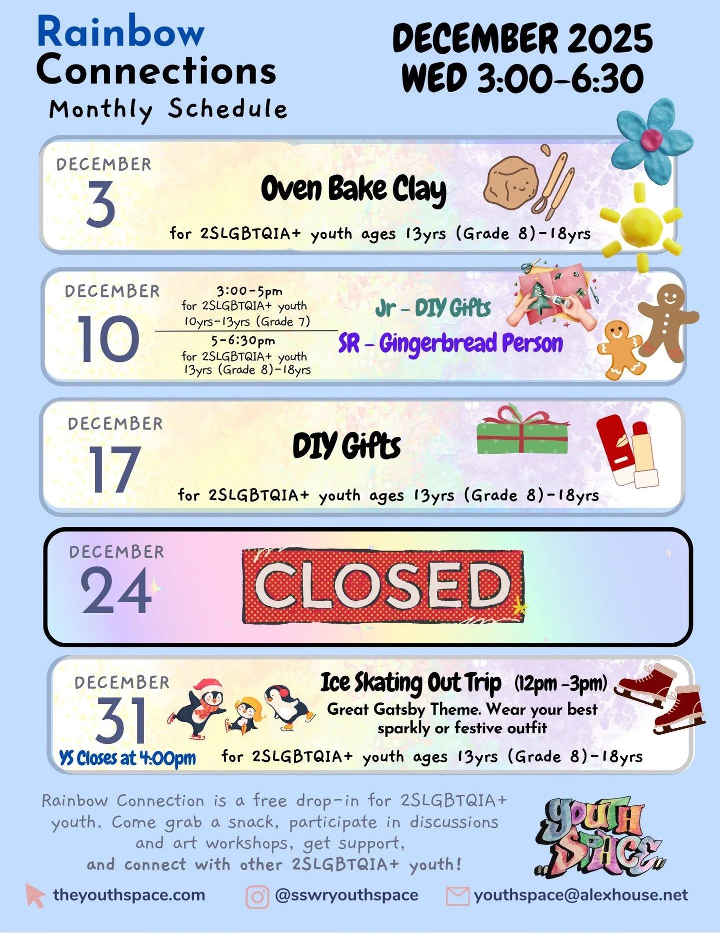 Join us at Rainbow Connections throughout December!! This month we will be combining non denominational holiday crafts with conversations.

The final week of the year we will be going to centennial park for their great Gadsby themed skate!!!