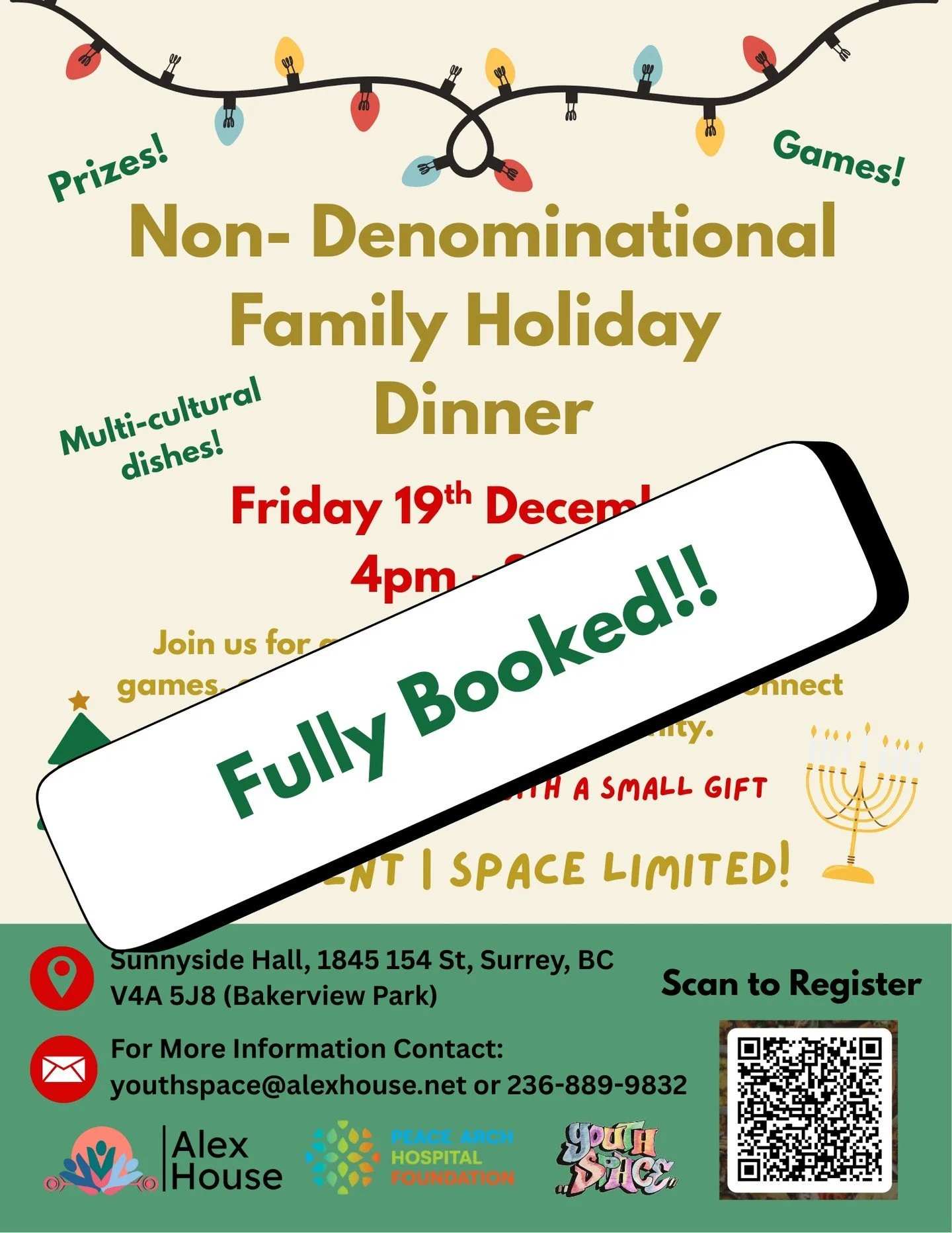 Due to overwhelming response. Our annual Youth Space Non-Denominational Family Holiday Dinner is now completely booked!!

The Youth Space and Youth &amp; Family team look forward to spending a wonderful night of music, food, laughter and holiday chee