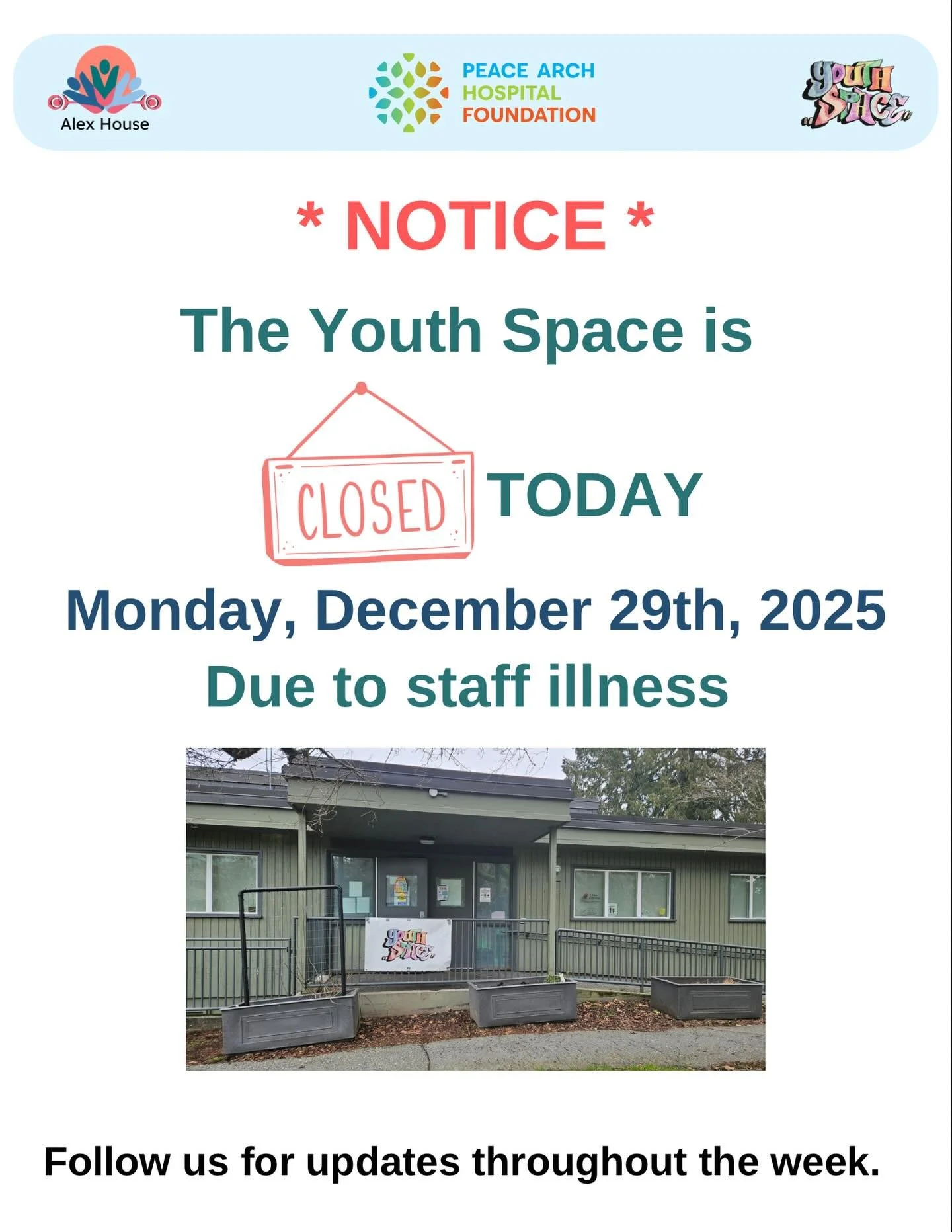** NOTICE ** Due to staff illness the Youth Space will be closed today, Monday 29th December 2025. 
Please continue to follow for more programming updates throughout the week.