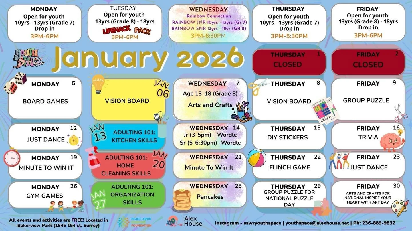 Check out our new January Youth Space calendar!

This months programming includes our Tuesday
&ldquo;Lifehack Pack&rdquo; Series, focusing on &ldquo;adulting&rdquo; skills, as well as exciting activities in Rainbow Connections &amp; regular Drop-in.
