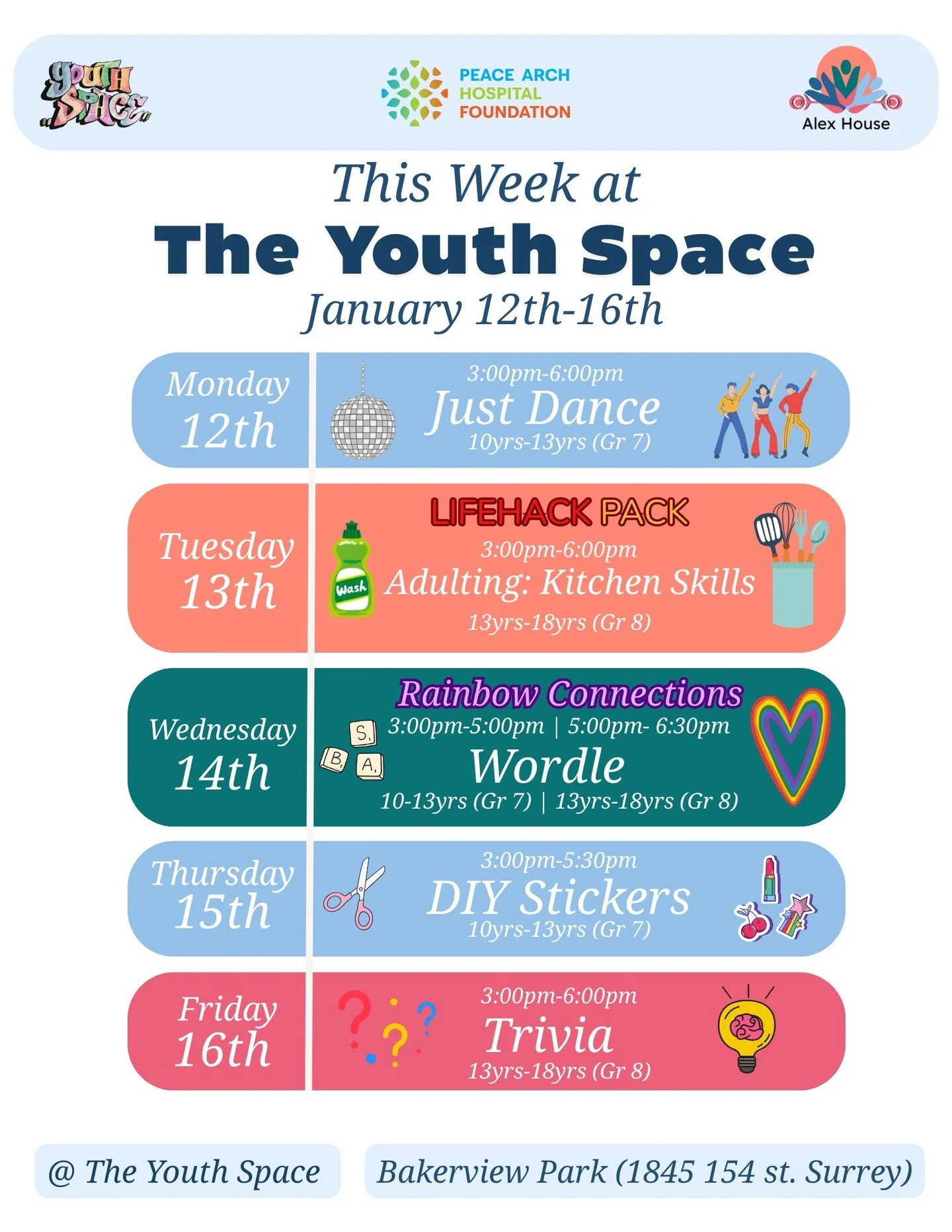 This Week @ the Youth Space:

Come join us on Monday the 12th of December for Just Dance!

For our 2SLGBTQIA+ youth on Wednesday in Rainbow Connection we will be doing Wordles.

Then Thursday, the 15th, we will be making stickers.

For our 13yrs (Gra