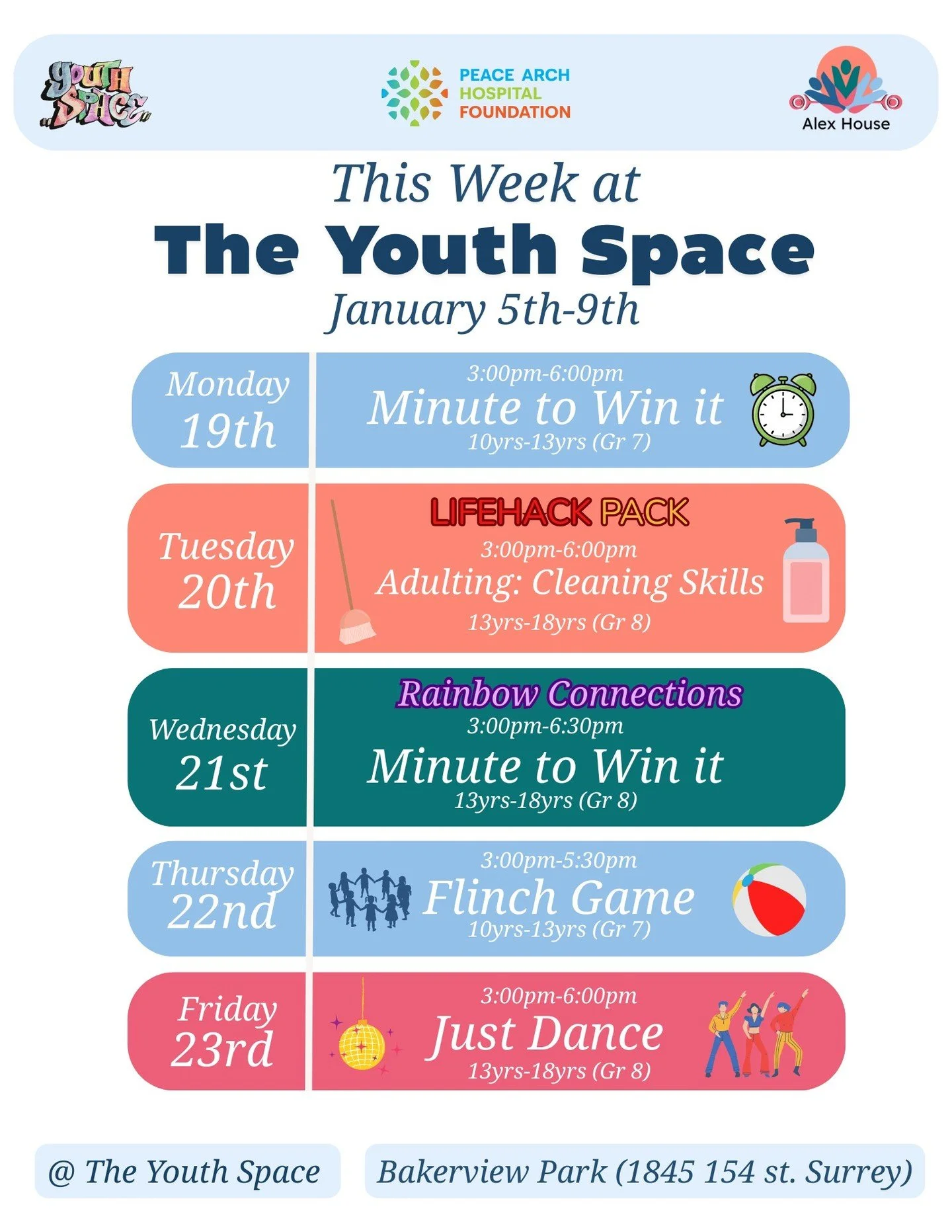 This Week @ the Youth Space:

Come join us on Monday the 19th of December for Minute to Win it!

Then Thursday, the 22nd, we will be playing flinch! Bring warm clothing, we will play outside if weather permits!

For our 13yrs (Grade 8) - 18yrs

Join 