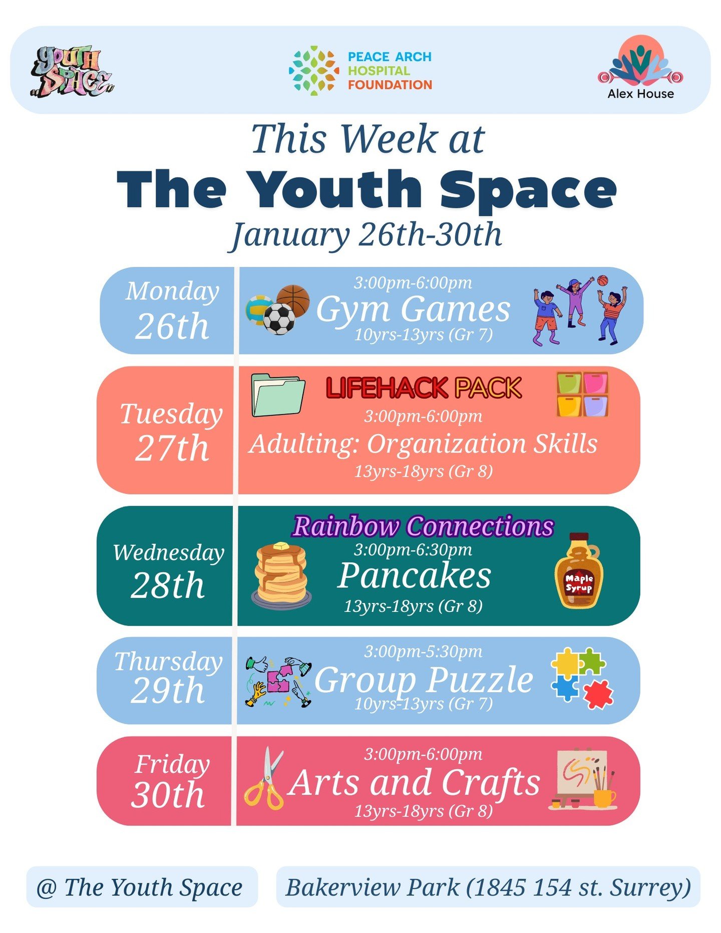 This Week @ the Youth Space:

Come join us on Monday, the 26th of January, for Gym Games.

Then Thursday, the 29th of January, we will be doing a group puzzle.

For our 13yrs (Grade 8) - 18yrs

Join us Tuesday, January 27th, we will be focusing on or