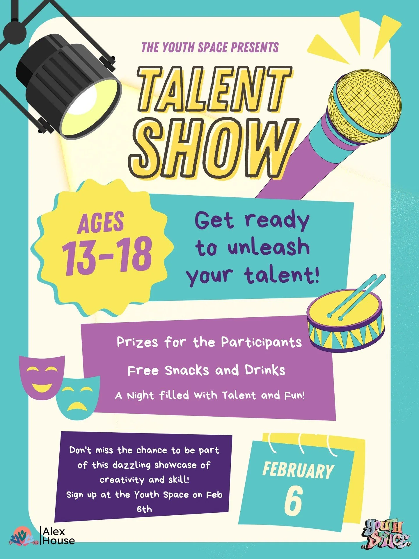 Talent Show at the Youth Space!

Join us this Friday, February 6th, for our talent show. Whether you want to dazzle the crowd with your special talent or cheer on your peers from the audience, this night is gonna be filled with fun!

There will be fr