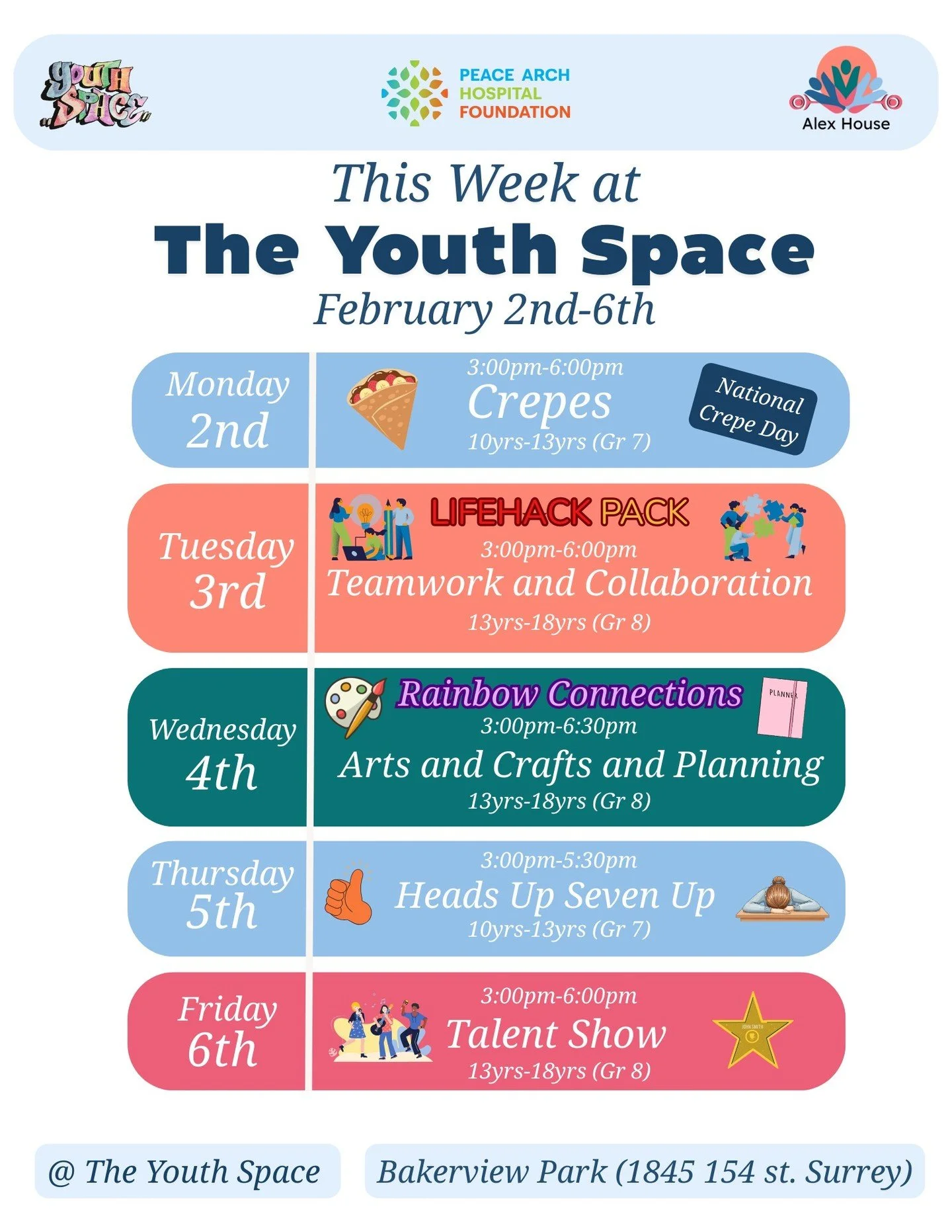 This Week @ the Youth Space:

Come join us on Monday, the 2nd of February, for crepes.

Then Thursday, the 5th of February, we will be playing heads up seven up!

For our 13yrs (Grade 8) - 18yrs

Join us Tuesday, February 3rd, we will be focusing on 