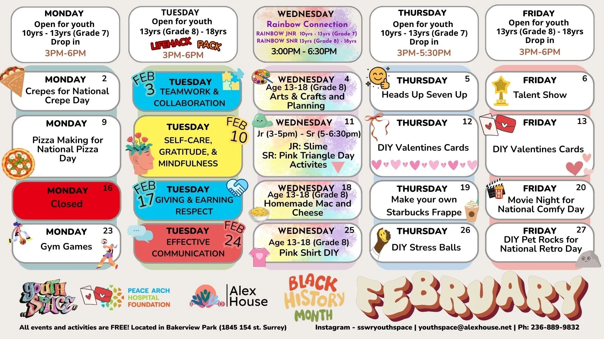 Check out our new February Youth Space calendar!

This months programming includes our Tuesday
&ldquo;Lifehack Pack&rdquo; Series, as well as exciting activities in Rainbow Connections &amp; regular Drop-in.

Join us for fun activities, good food, an