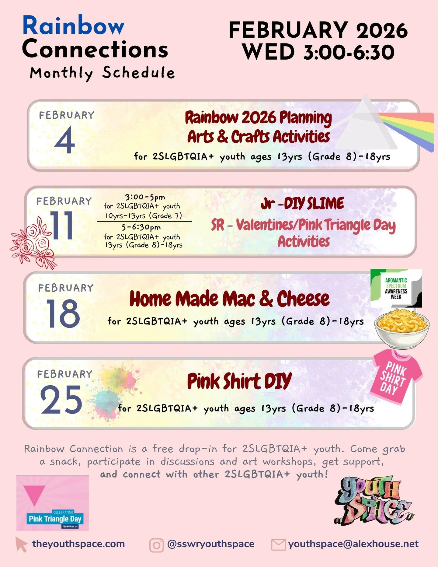 Join us at Rainbow Connections throughout February!! This month we will focusing on Revamping Rainbow Connections and celebrating our uniqueness!

Join us Feb 4th for a lowkey, fun, and creative evening where we brainstorm ideas for the new era of ou