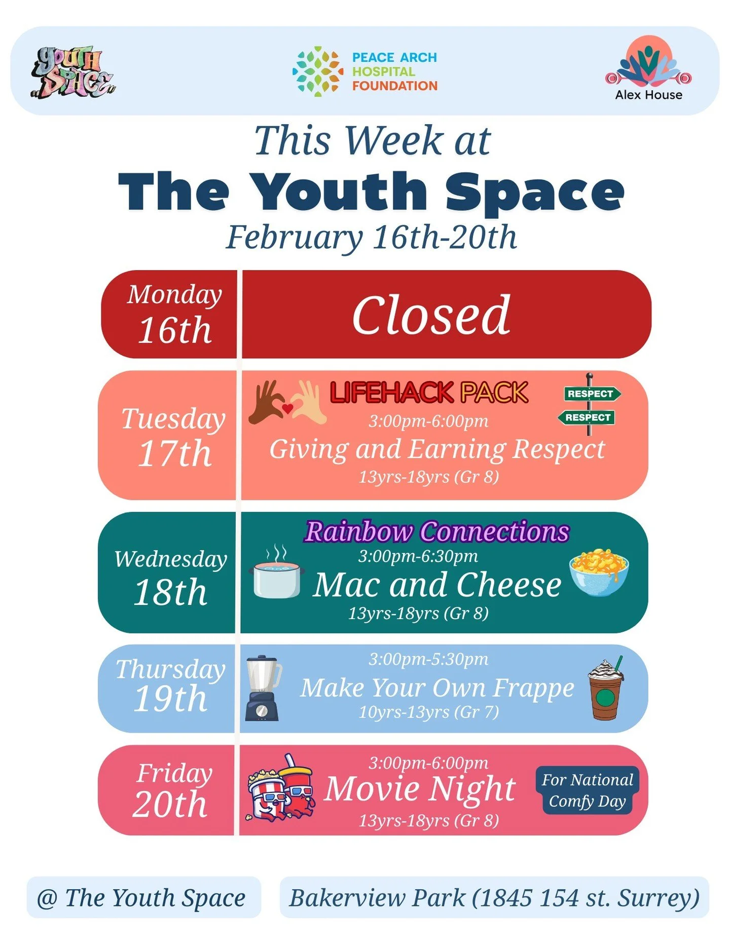This Week @ the Youth Space:

Monday, the 16th of February, we are closed.

Then Thursday, the 19th of February, we will be making frappes.

For our 13yrs (Grade 8) - 18yrs

Join us Tuesday, February 17th, we will be focusing on giving and earning re