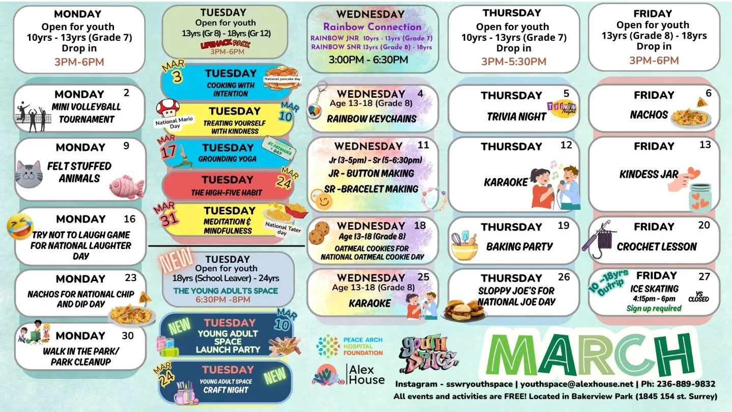 Check out our new March Youth Space calendar!

This months programming includes our Tuesday
&ldquo;Lifehack Pack&rdquo; Series, exciting activities in Rainbow Connections &amp; regular Drop-in. 

And introducinb the launch of our new Young Adults Spa