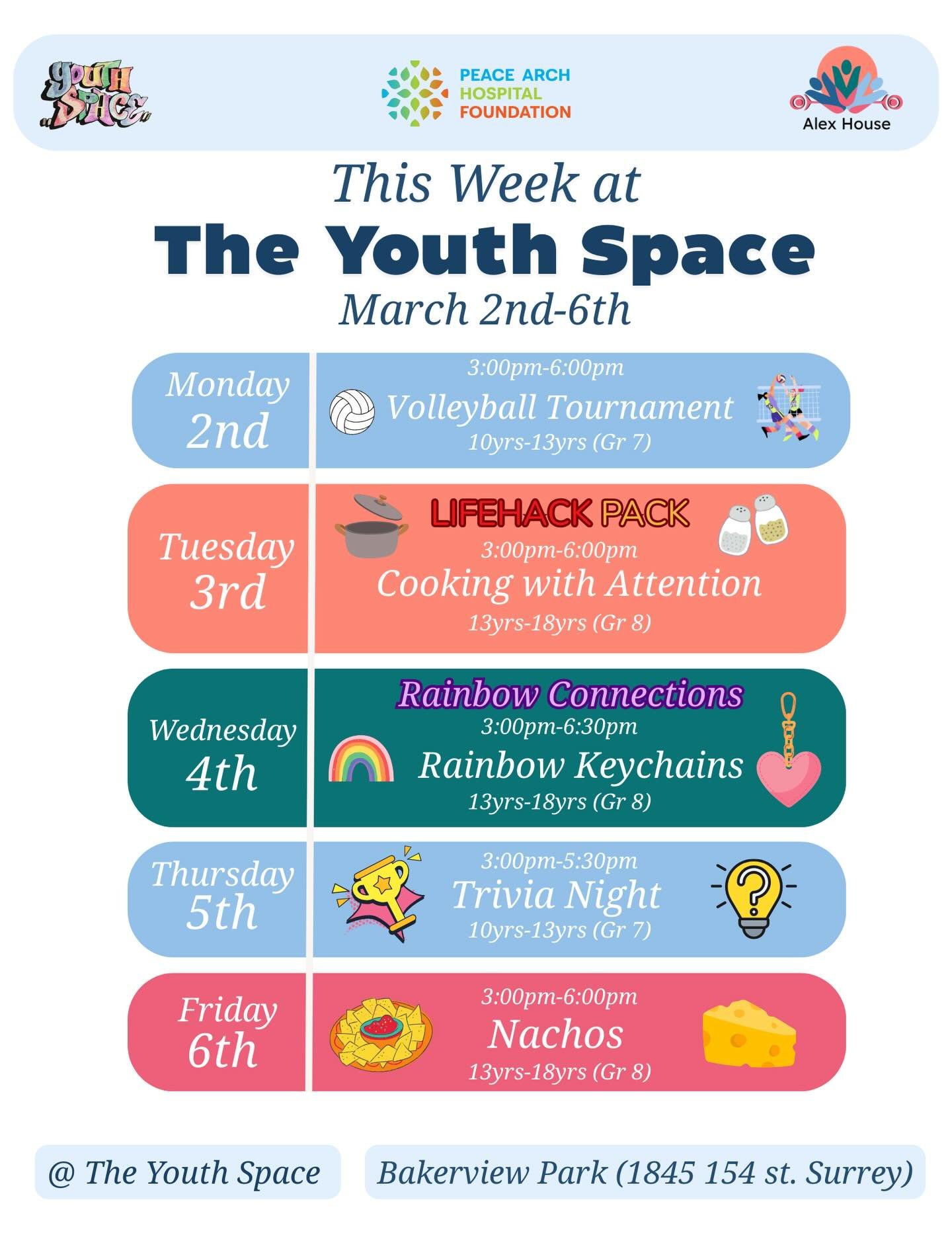 This Week @ the Youth Space:
Monday, the 2nd of March, we will be having a volleyball tournament 
Then Thursday, the 5th of March, we will be doing trivia
For our 13yrs (Grade 8) - 18yrs
Join us Tuesday, March 3rd, we will be cooking with intention f
