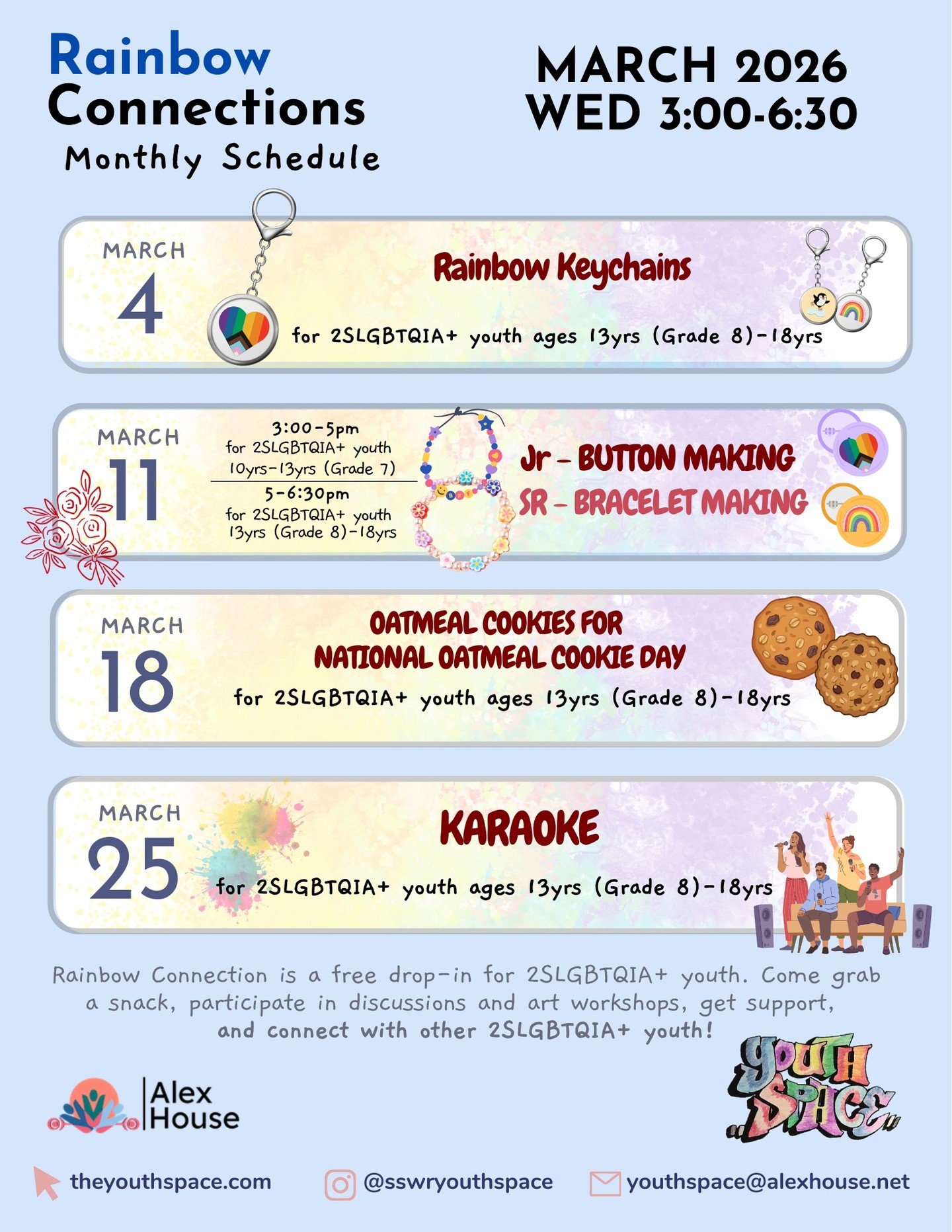 Join us at Rainbow Connections throughout March!! This month we will focusing on fun and crafts!!

Join us March 4th for a lowkey, fun, and creative evening where we will create Rainbow Keychains out of materials on hand!

The for our Juniors we will