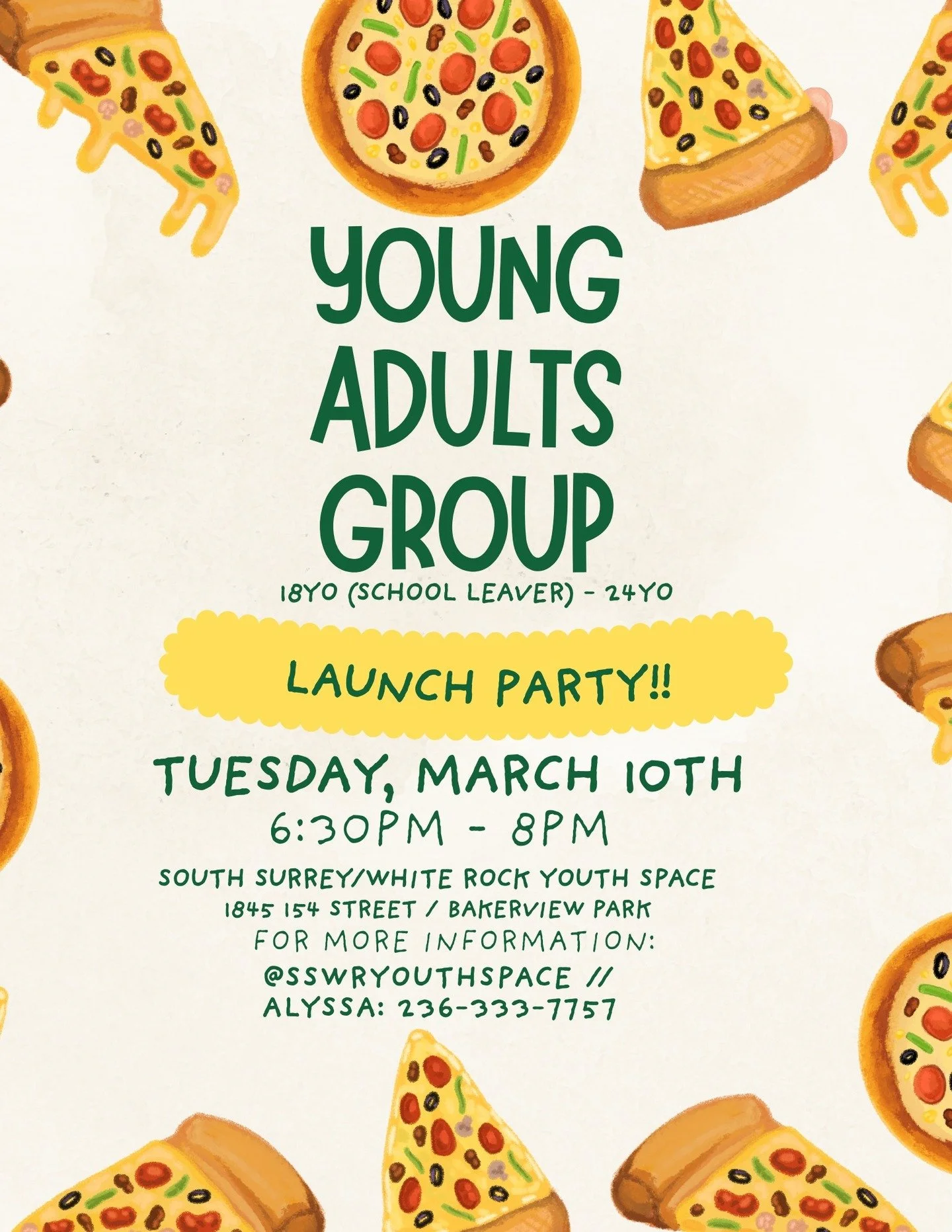 Introducing our New Drop-In program at the Youth Space 📣 our "Young Adults Space"

We will be having our launch party 🎉 pizza party 🍕 on March 10 from 6:30-8pm for young adults ages 18 (post high school) to 24. In response to inquiries a