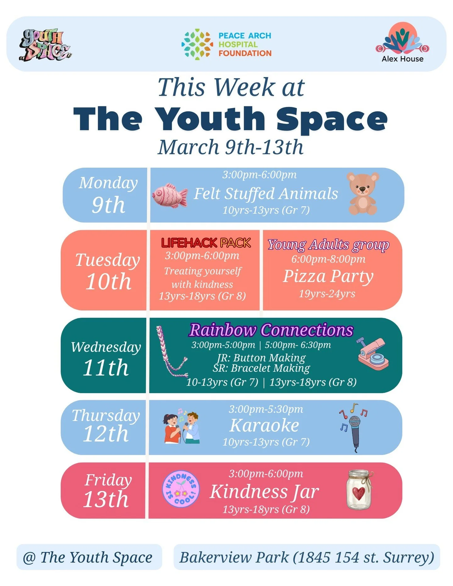 This Week @ the Youth Space:

For our 10yrs -13yrs (Grade 7)

Monday, the 9th of March, we will be making felt stuffed animals.
For our 2SLGBTQIA+ youth on Wednesday we will be making buttons.
Then Thursday, the 12th of March, we will be doing karaok