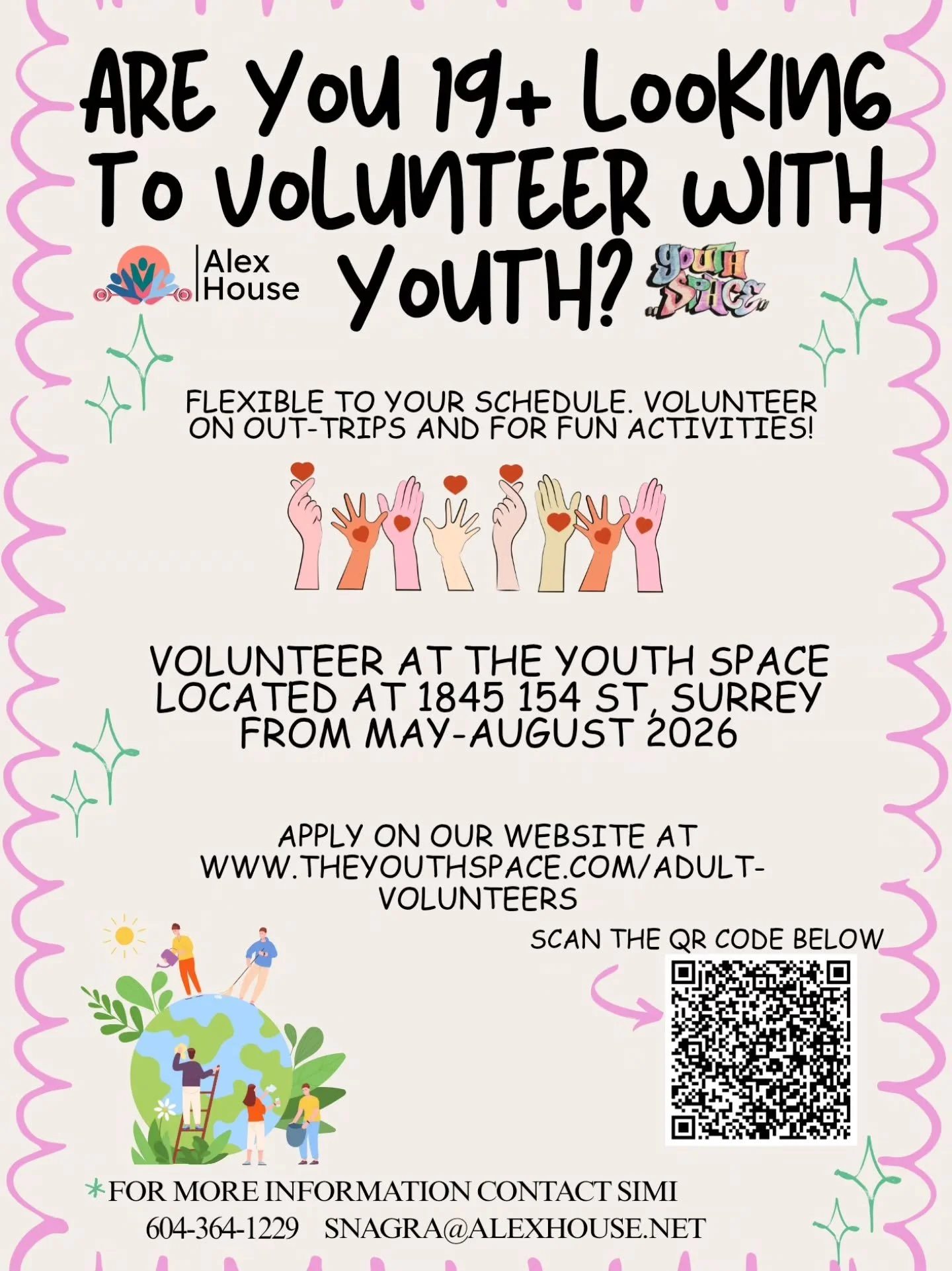 Opportunities for adult volunteers now open for the summer months. Join us for out trips, summer events and fun activities. 

Scan the code or visit https://www.theyouthspace.com/adult-volunteers to apply