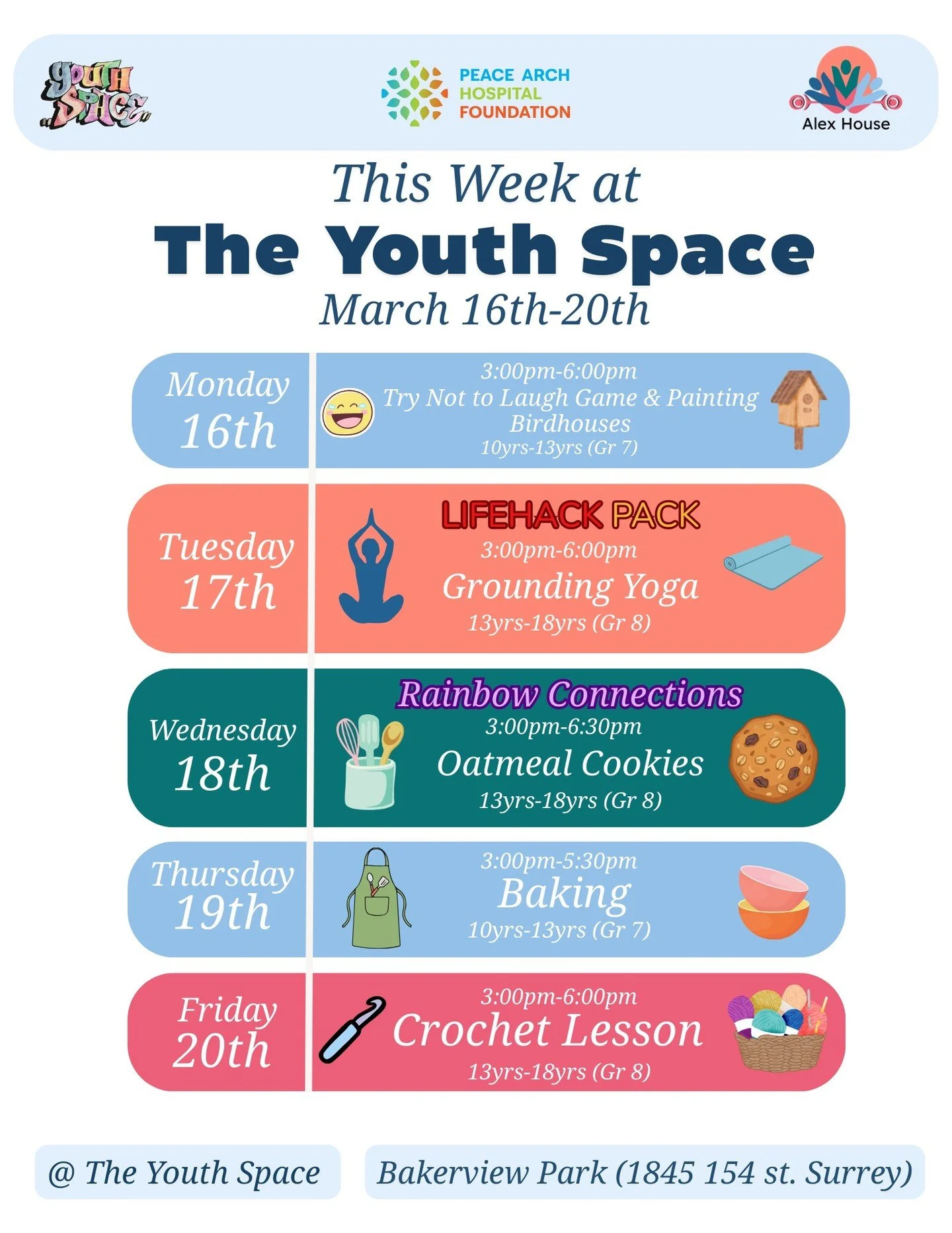 This Week @ the Youth Space:

For our 10yrs -13yrs (Grade 7)

Monday, the 16th of March, we will be painting birdhouses and playing the try not to laugh game.

Then Thursday, the 19th of March, we will be baking.

For our 13yrs (Grade 8) - 18yrs

Joi