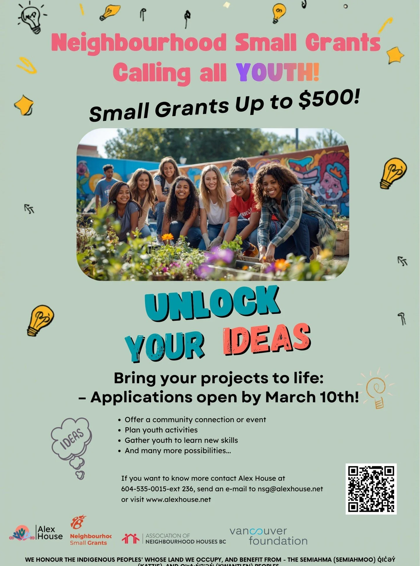 Youth Neighbourhood Small Grants are now open!! Bring your ideas to reality and receive the financial support to make them happen!! You can apply for a grant up to $500 to share your ideas, gifts and talents with your neighbours and help you bring yo