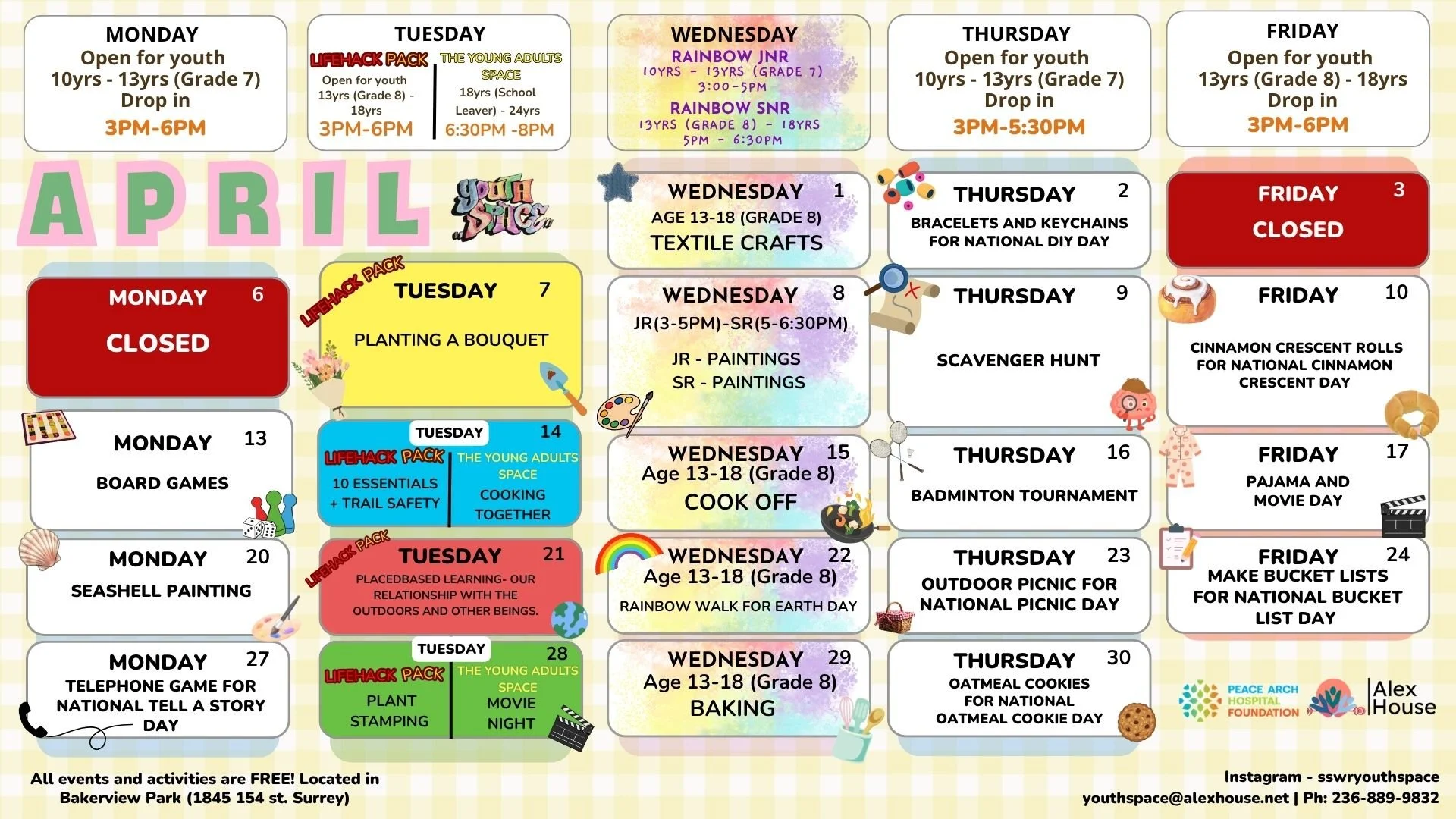 Check out our new April Youth Space calendar!

This months programming includes our Tuesday
&ldquo;Lifehack Pack&rdquo; Series, exciting activities in Rainbow Connections &amp; regular Drop-in. As well as the Young Adults Space programming for ages 1